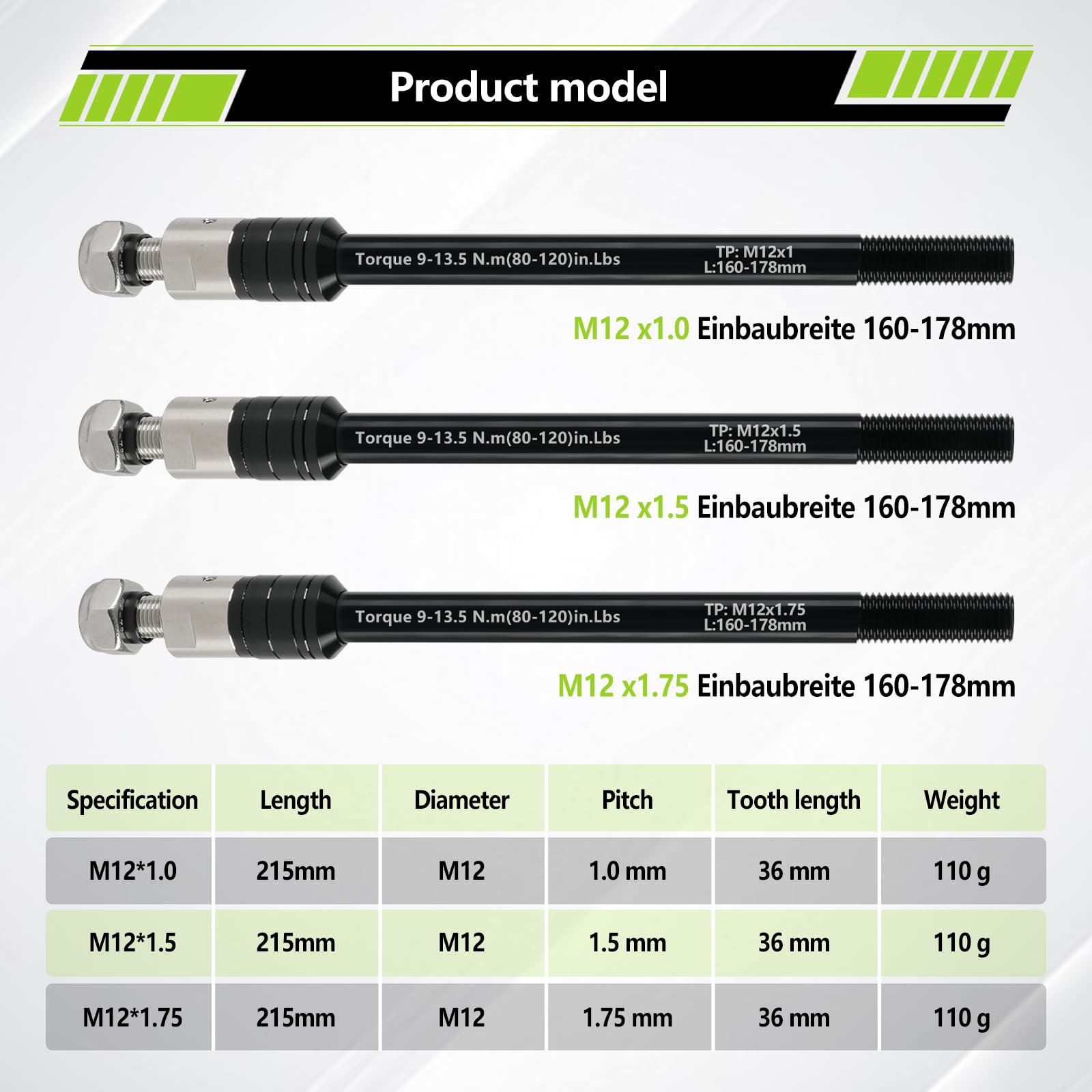 Adaptateur d'essieu traversant M12 pour 160-178 mm, longueur de tige réglable pour remorque de vélo - Adaptateur pour la plupart des attelages de remorque de vélo