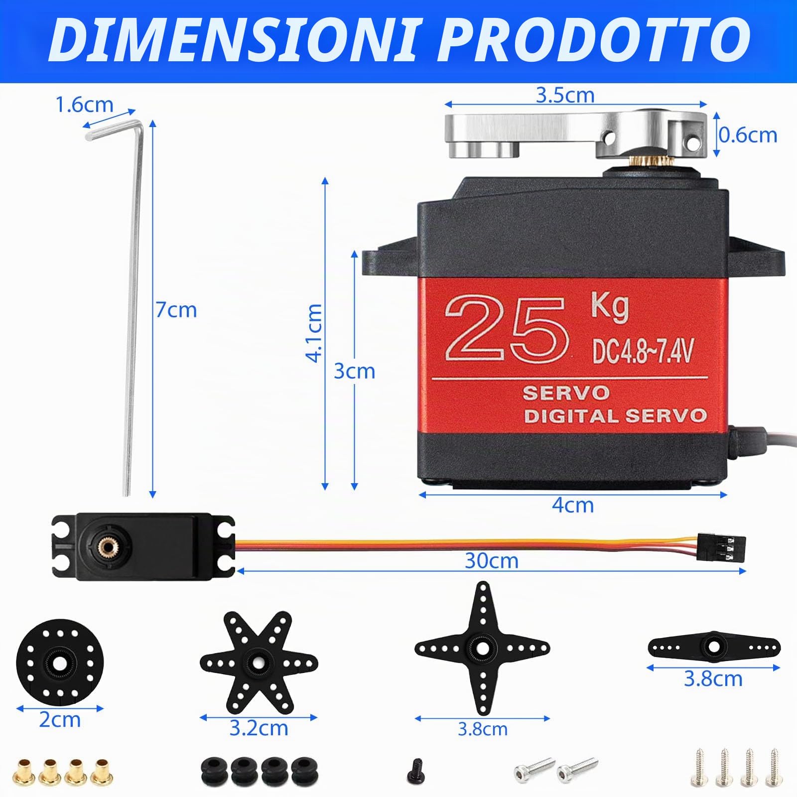 HTTYHT Servo Rc 25 Kg Servomotore 180 Gradi Metallo Gear Servo Motore Digitale High Speed Torque 7.4V DC per Arduino 1/8 1/10 1/12 Servocomando Modellismo Mano Robotica con cavo 25T Horn Servoarm