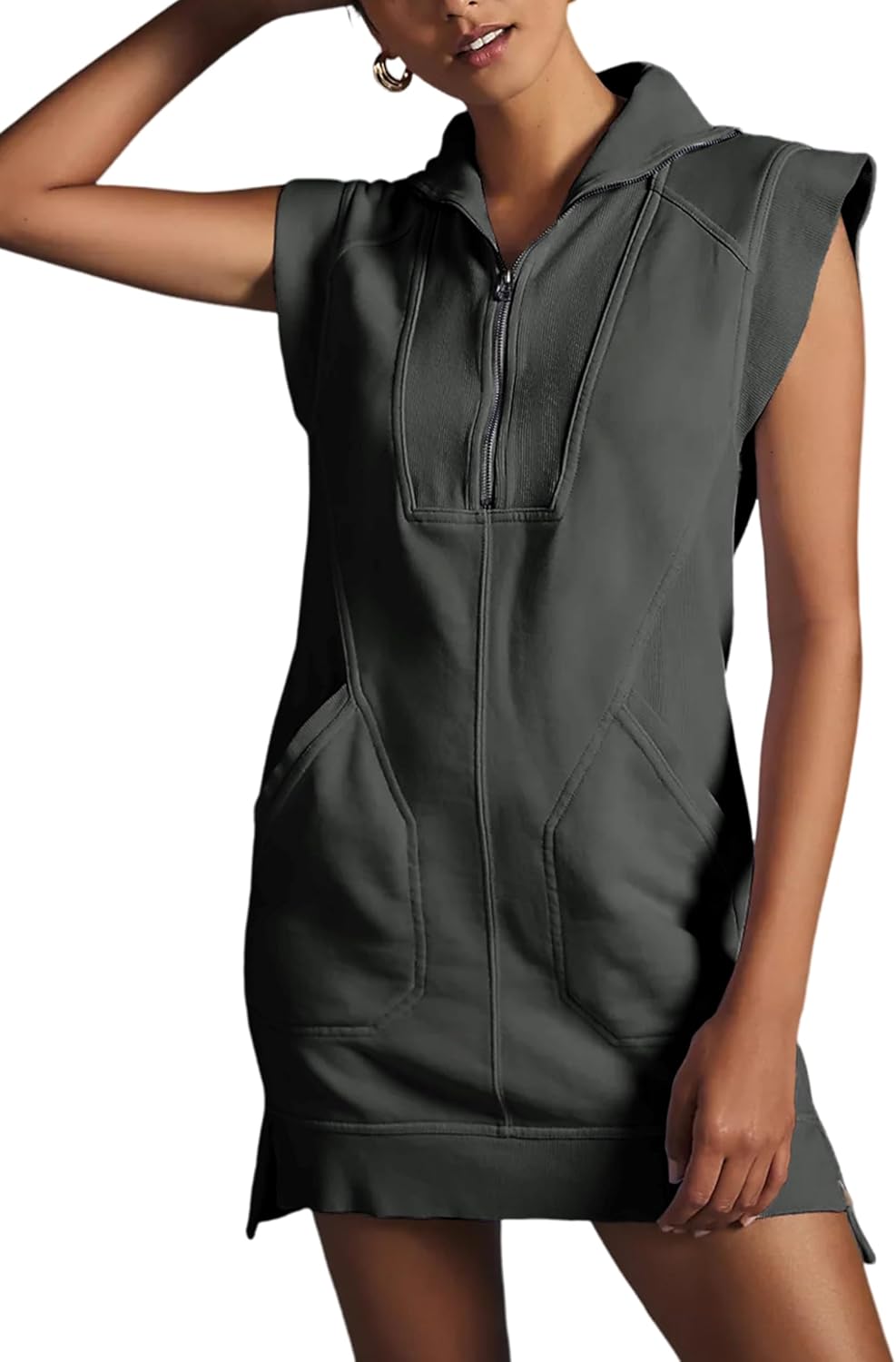 Qiaomai Womens Half Zip Sweatshirt Dresses Summer V Neck Sleeveless Pullover Tunic Tops Mini Dress Large Darkgrey ( Size L) 