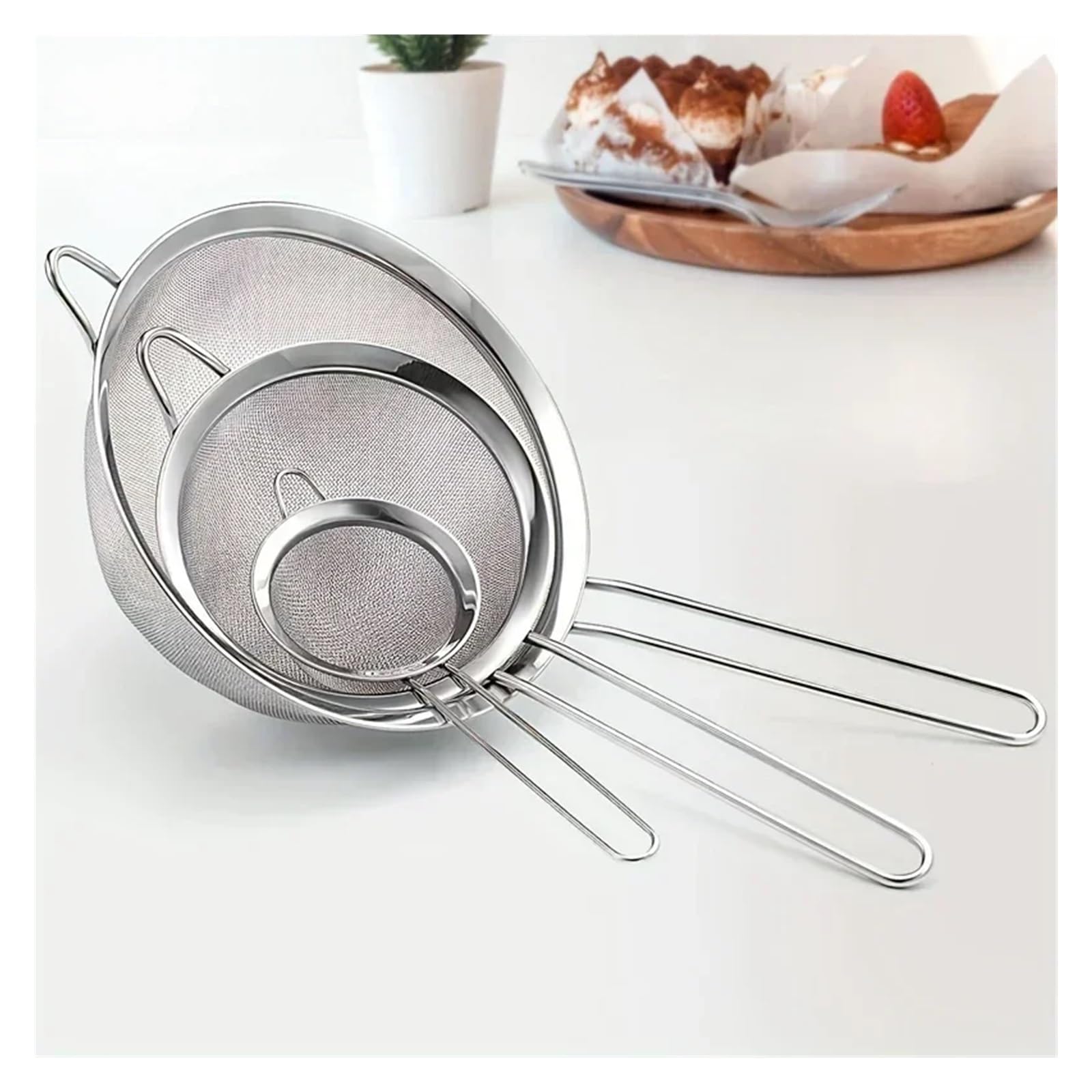 colador acero inoxidable Juego de 3 coladores alimentos malla fina acero inoxidable for hornear con mango y tamiz harina