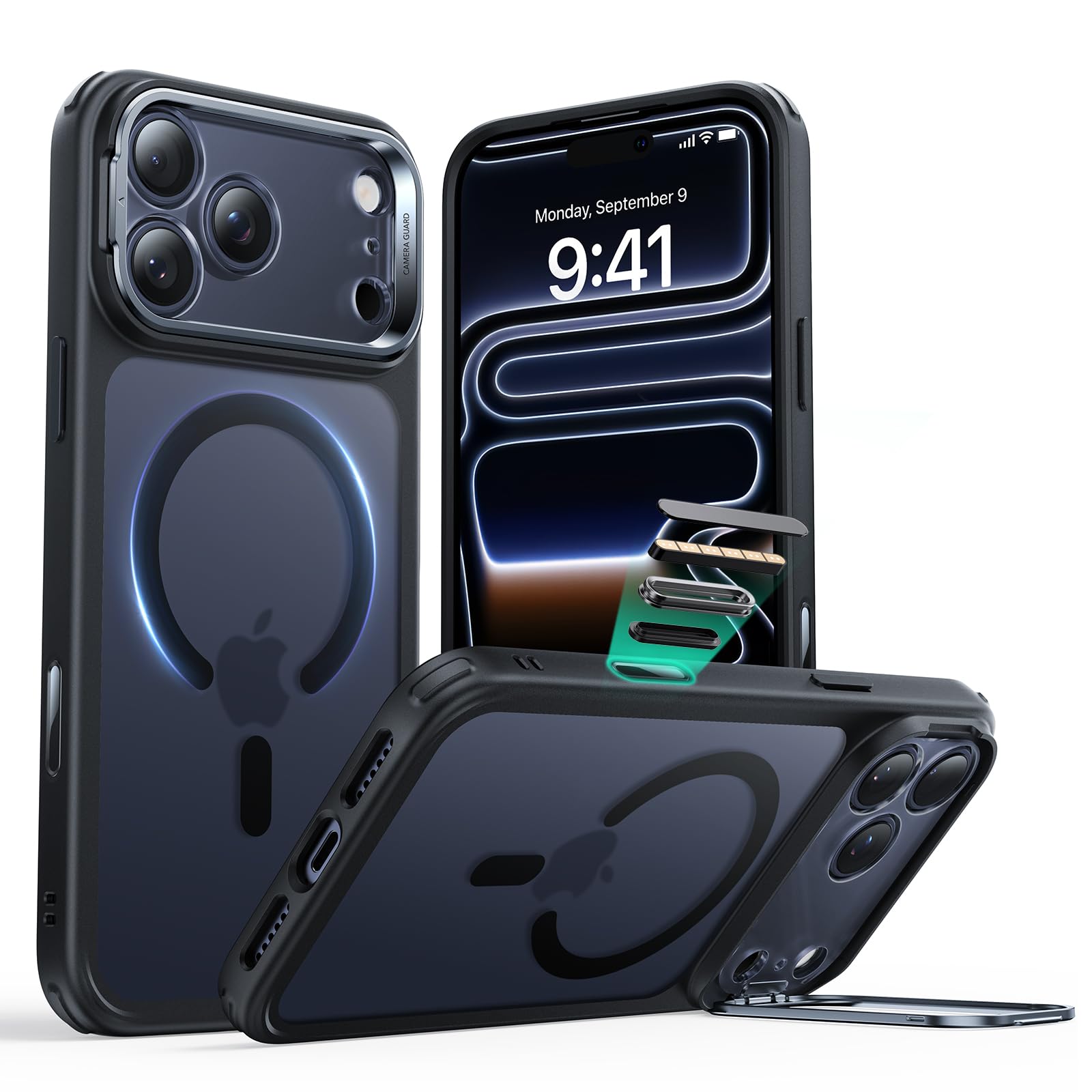 ESR Cover per iPhone 17 Pro, Controllo della fotocamera, Compatibile con MagSafe, Supporto integrato, Protezione di livello militare, Retro resistente ai graffi, Serie Classic, Nero Opaco