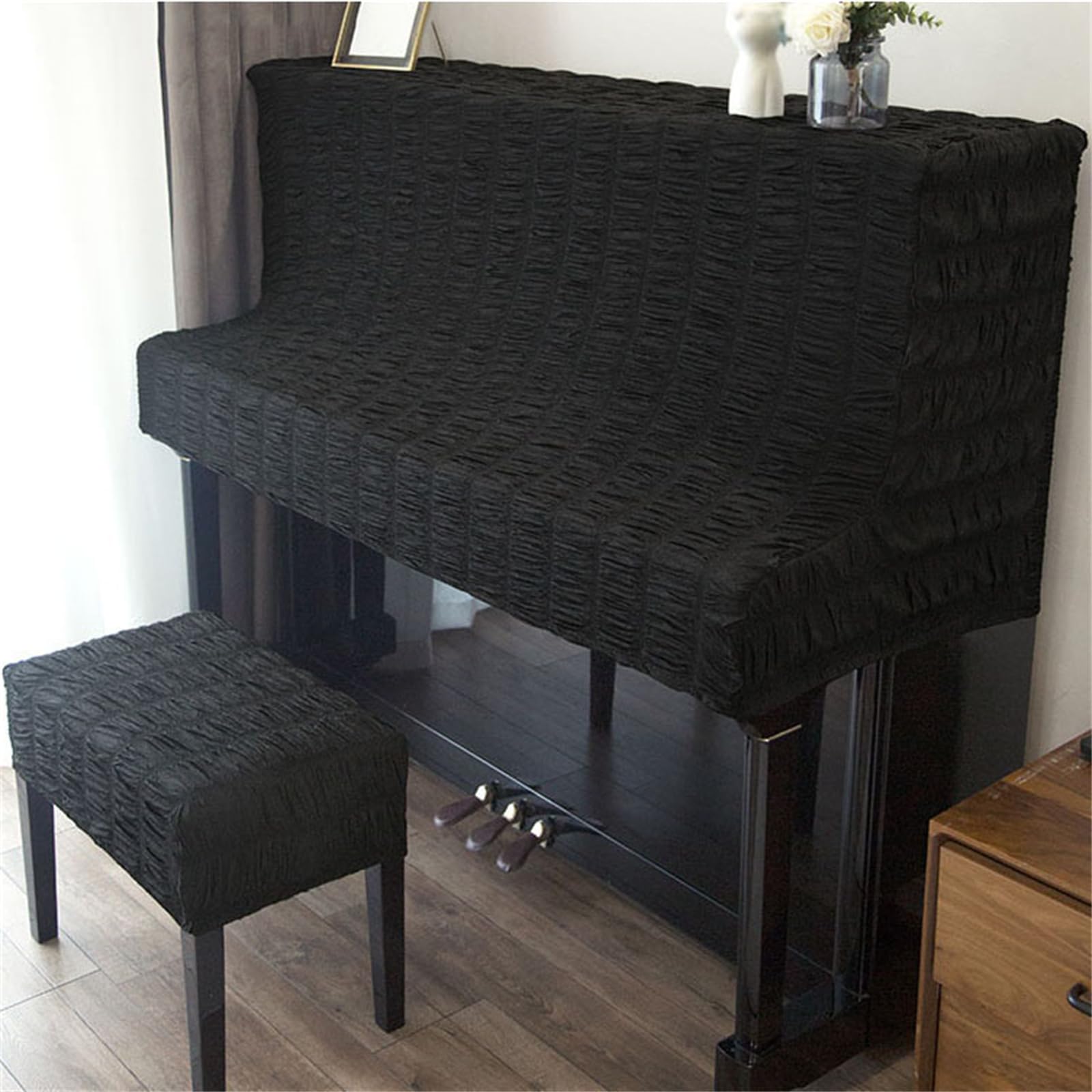 Copertura per Mezzo Pianoforte in Maglia Elasticizzata con coprisgabello, Copertura Protettiva Elastica per Pianoforte Verticale, Copertura Antipolvere in Maglia Elasticizzata per Pianoforte