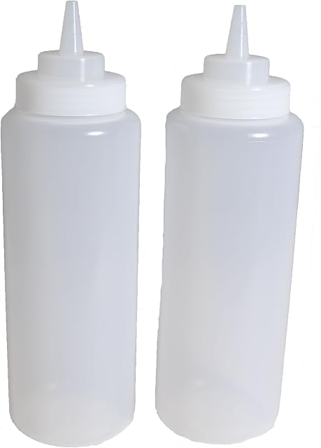 Conjunto de 2  850 ml (Ounce) Garrafa de apertar grande e transparente, garrafa de apertar condicionamento, ponta aberta, bico de rosquear amplo, plástico durável de polietileno, estilo lanchonete, white , clear, 32 Ounces, 3
