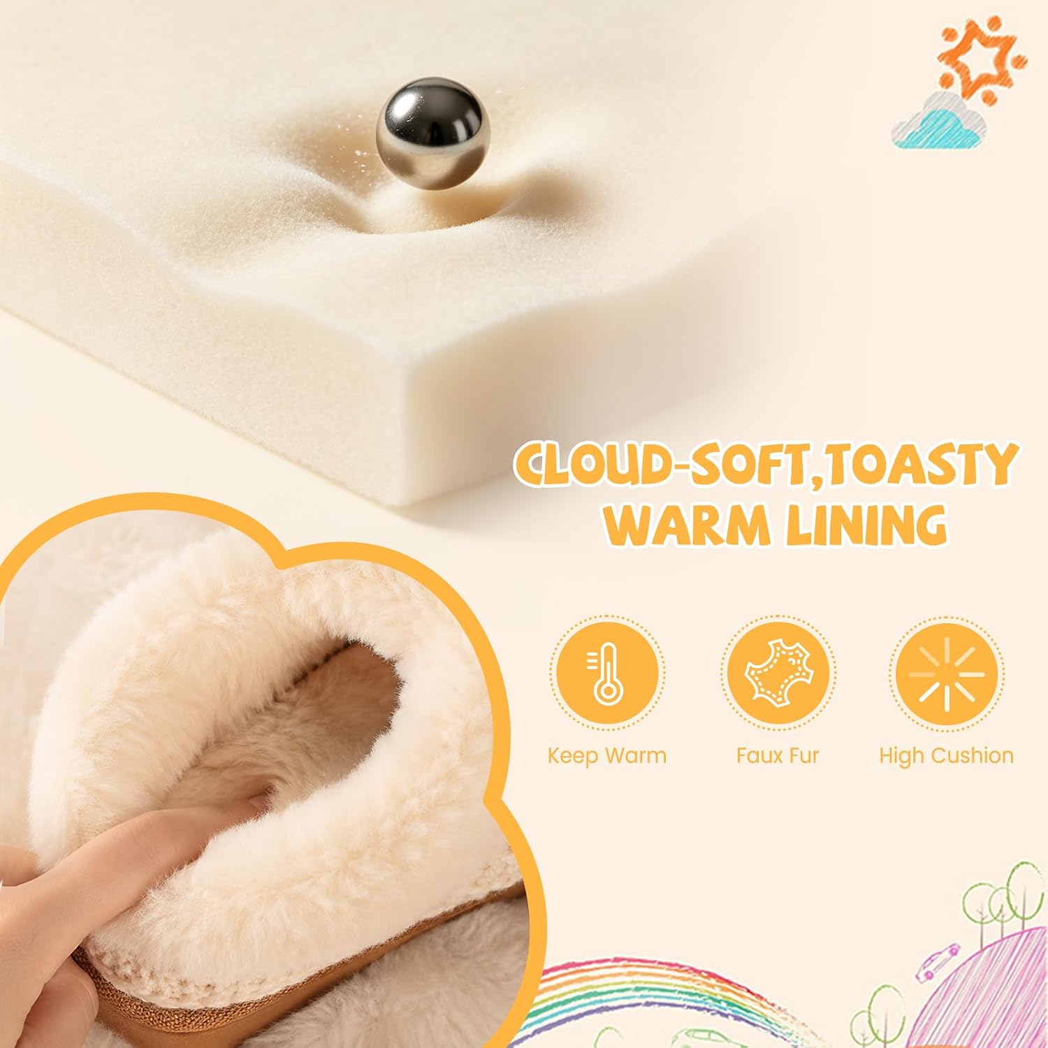 OOW Fuzzy Kids Slippers for Girls Boys Warm Plush Lined House Shoes Cozy Memory Foam House Slippers Bedroom Indoor and Outdoor