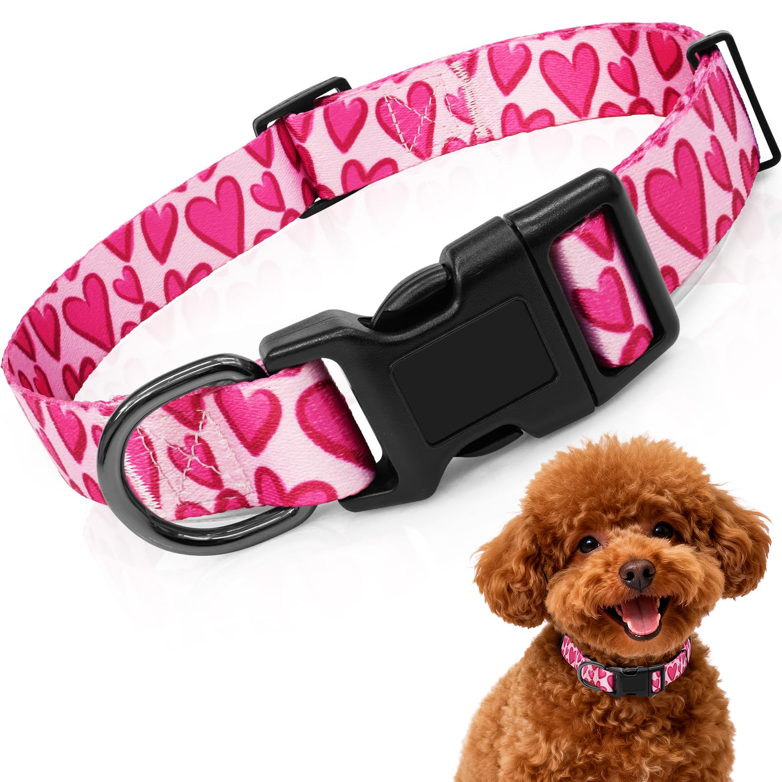 Kazazoo Dog Collar Cute and Soft Nylon Puppy Collar Girl Dogs, Adjustable Dog Collars for Small Dogs, Hot Pink Heart-S