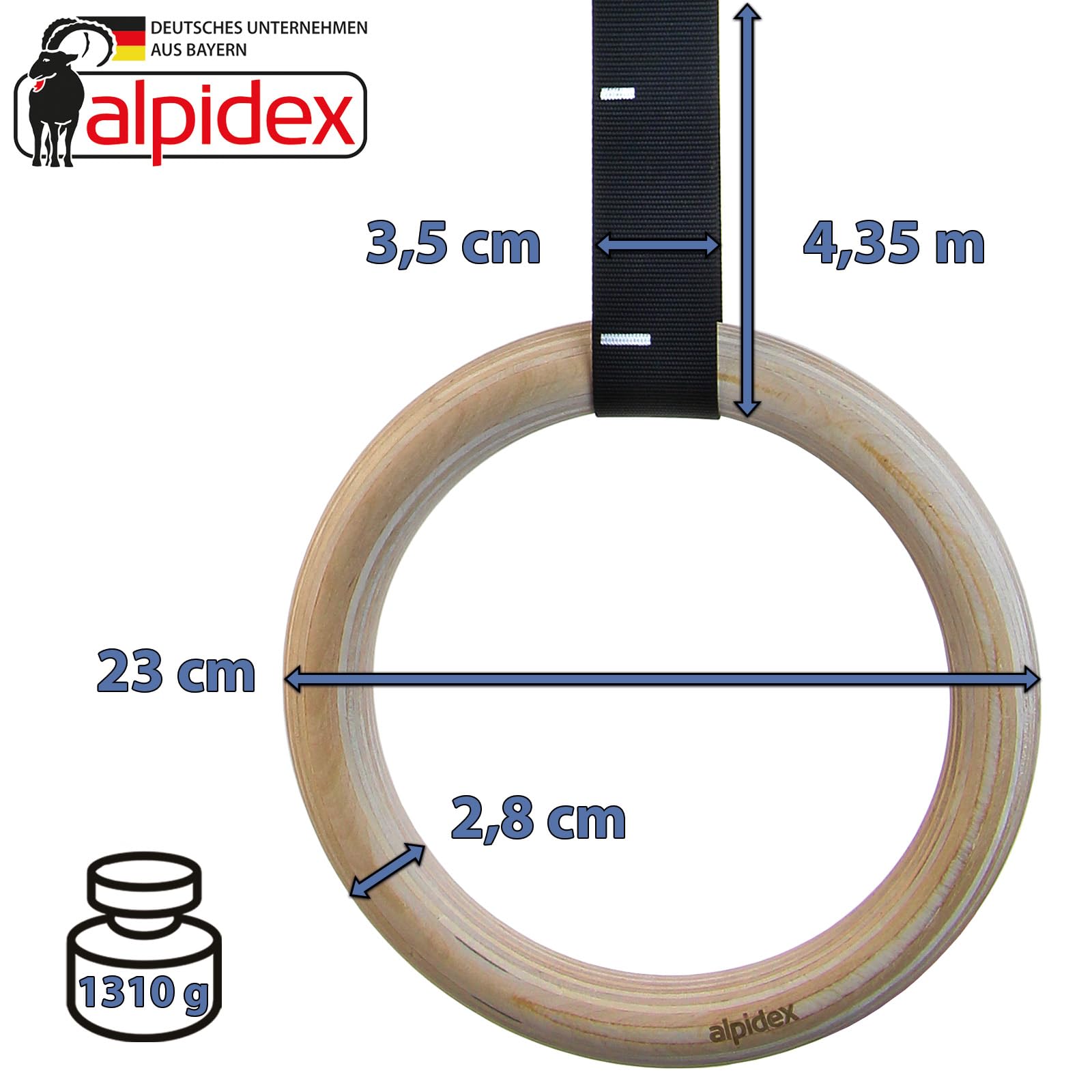 ALPIDEX Turnringe Gymnastikringe | inkl. E-Book mit Übungen | Wettkampf Norm 28 mm Birkenholz Türanker Befestigungsgurte | 7 Jahre Garantie auf Material*
