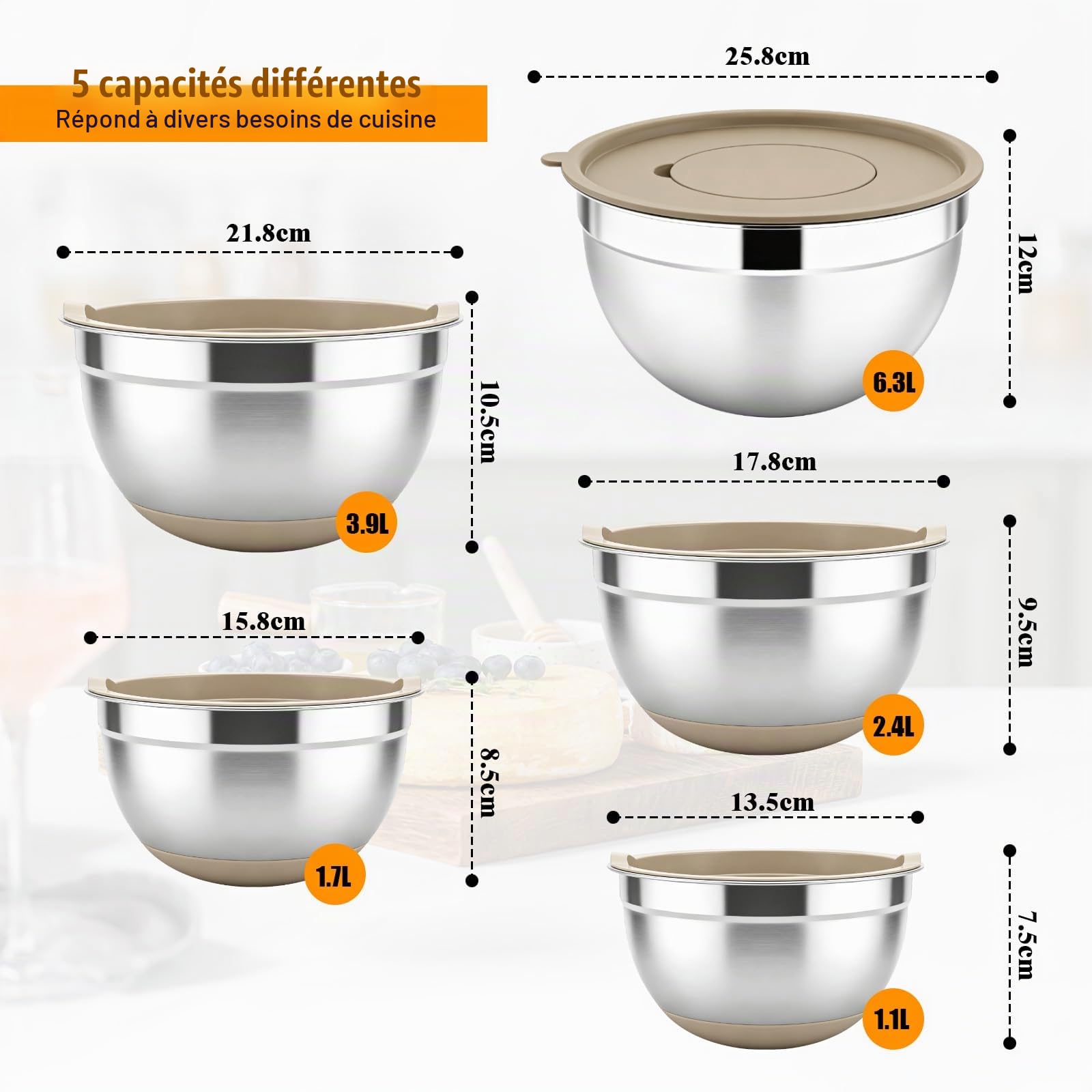 5 Pcs Saladier Inox, Cul de Poule Inox, Saladier avec Couvercle, Base en Silicone Antidérapante, Bol Inox Cuisine Bowl de Mélange avec 3 Râpes, Empilables et Lavables au Lave Vaisselle