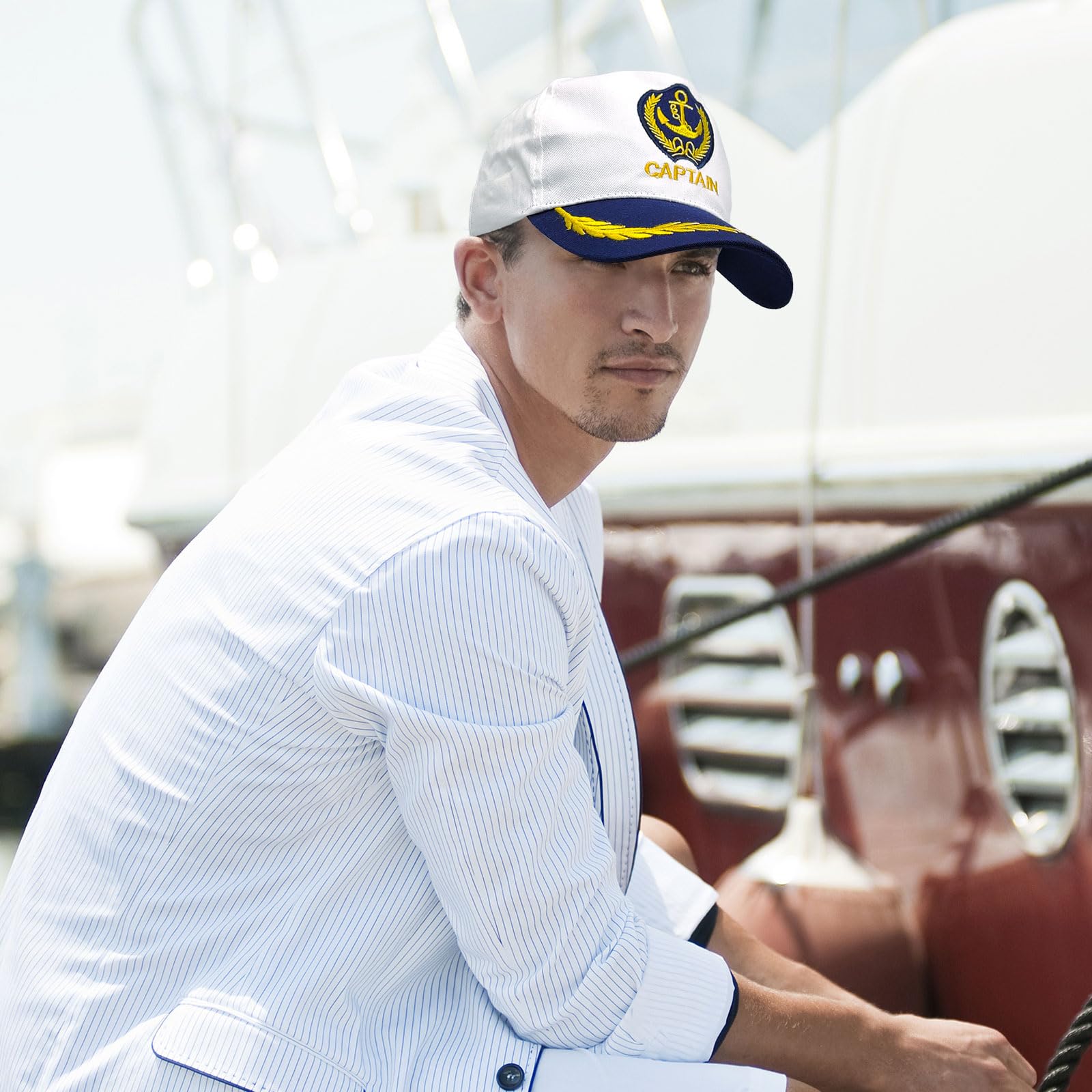 FUIPVGI Captain Hat Sailor Baseball Cap, Costume Accessory Yacht Hat with Gold Embroidery Anchor Skippers Cap - Image 4