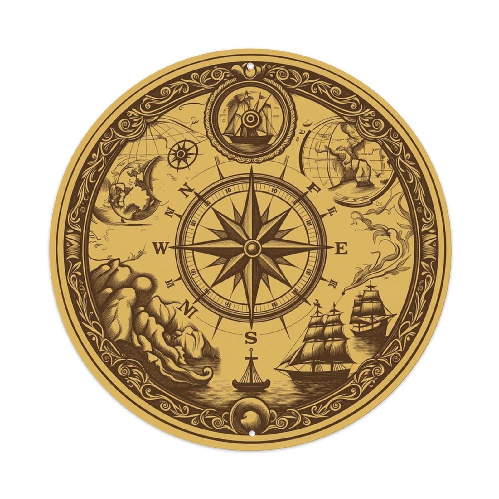 Vintage Nautical Compass World Map Spyglass Guide Metal Tin Sign