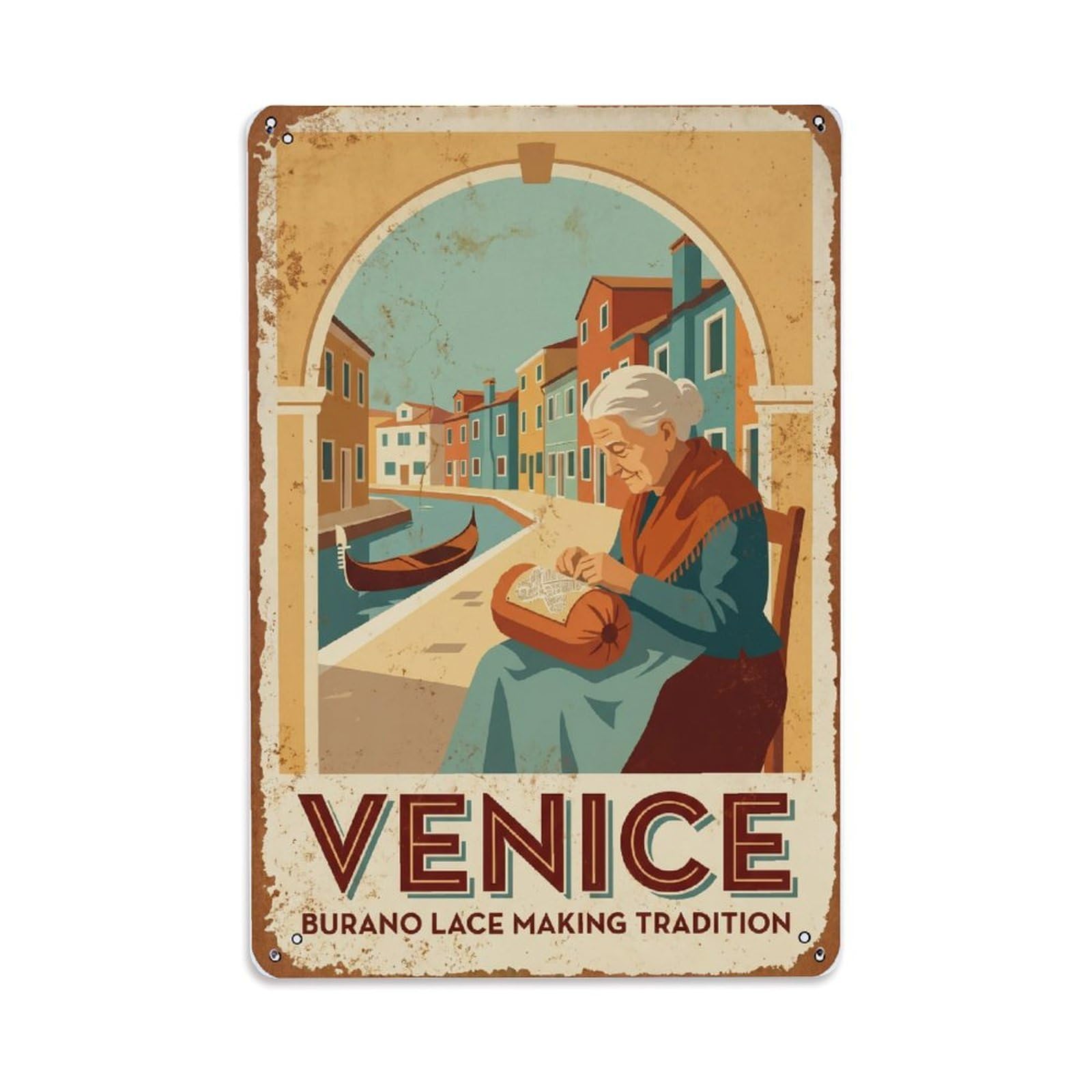 Vintage Travel Venice Lace Making Tradition Burano Rusted Italy Metal Tin Sign Plaque Wall Decor for Cafe, Club Bar, Office, Home Garden Metal Poster 8x12Inch
