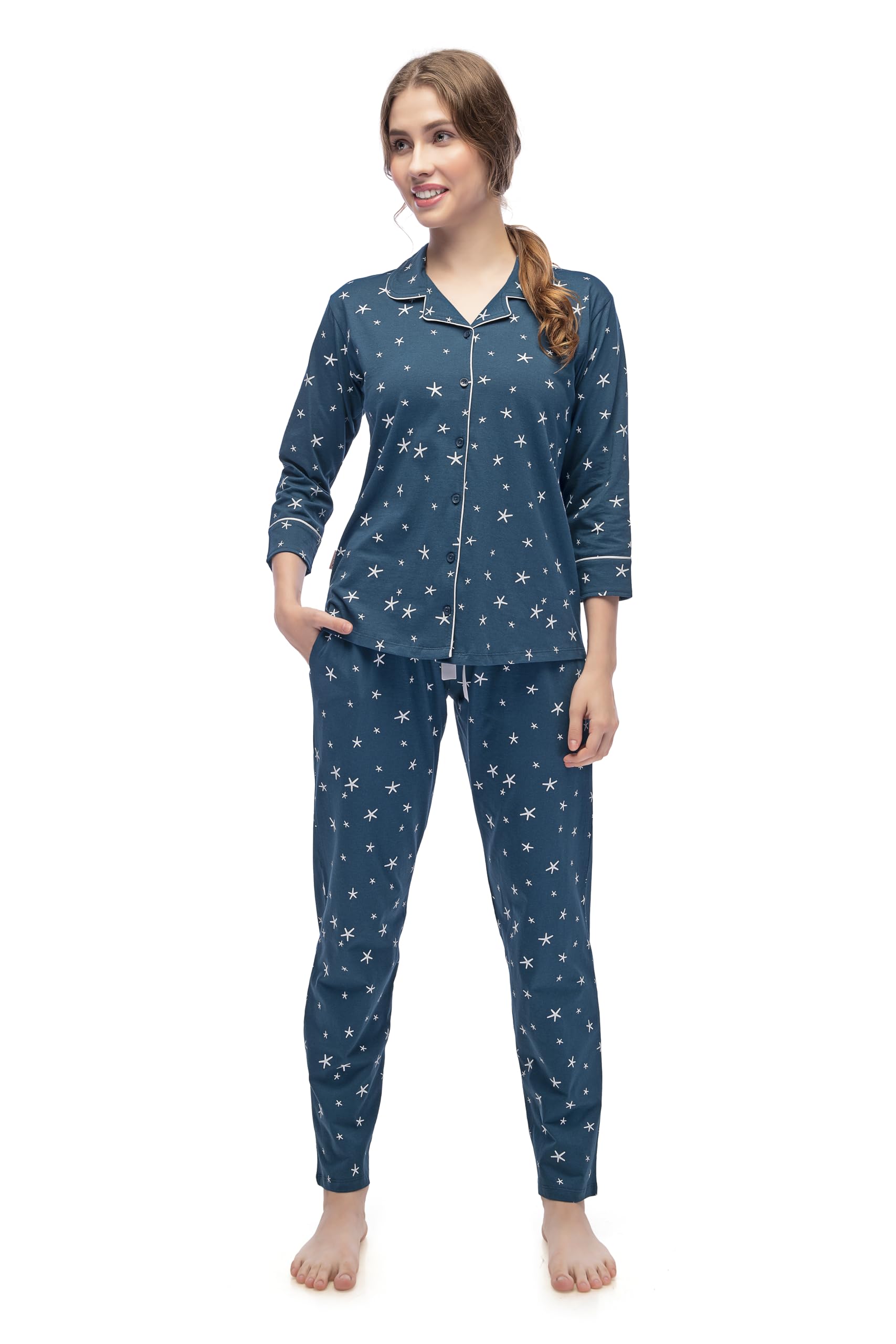 lotik Women's Cotton Leaves Print Shirt & Payjama Full Sleeve Nightsuit Set-picture-17