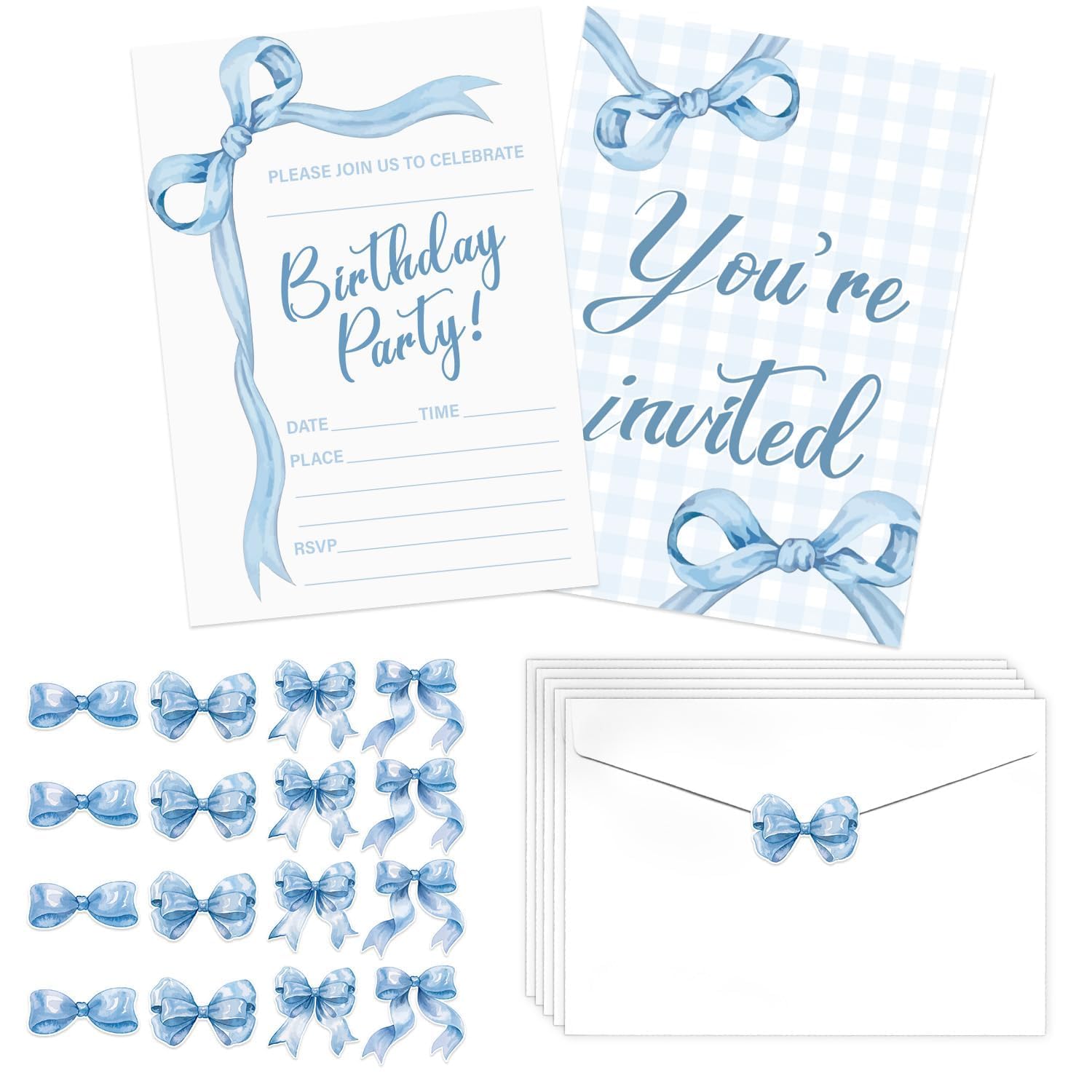 Blue Bow Birthday Invitations for Girls, 20 Sets Bownot Invitation Cards with Stickers and Envelopes for Birthday Party Baby Showers Weddings and Celebrations, 120 x 170 mm