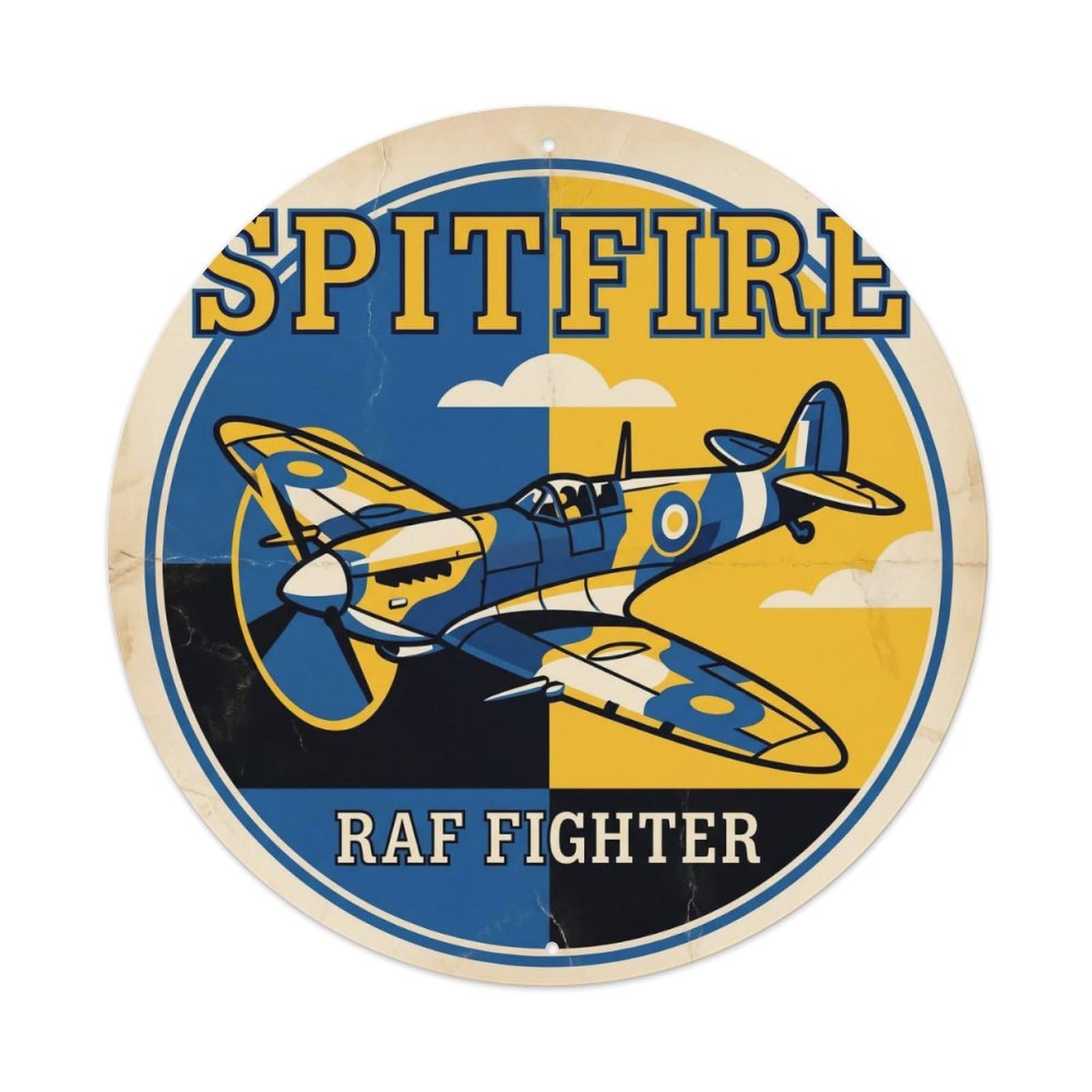 Fighter Aircraft Spitfire British WWII Military Retro Screenprint Metal Tin Sign Plaque Wall Decor for Cafe, Man Cave, Club Bar, Office, Home Garden Round Metal Poster 8x8Inch