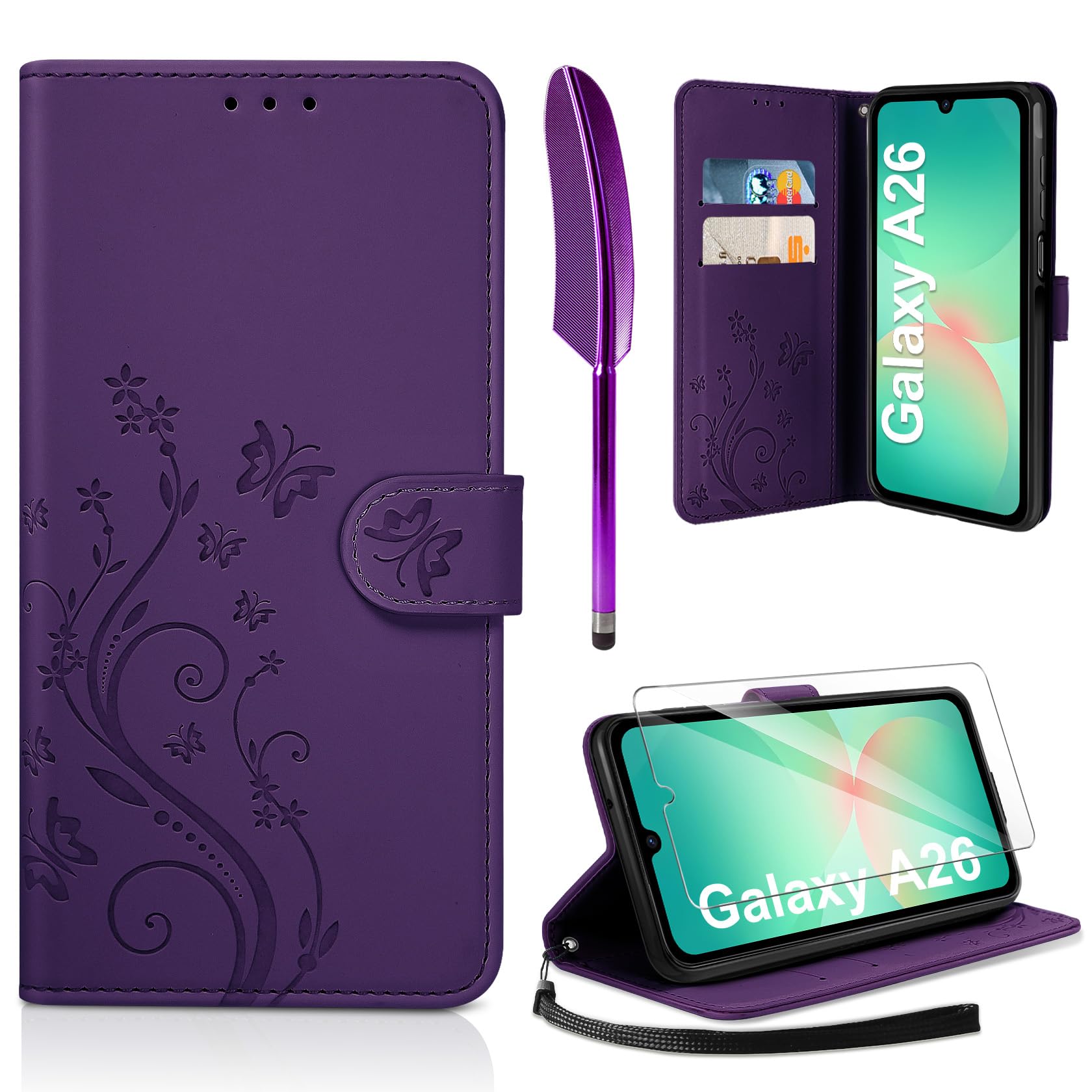 AROYI Lederhülle Kompatibel mit Samsung Galaxy A26 5G(Nicht für A17/A25 5G) Hülle und Schutzfolie, Flip Wallet Handyhülle PU Leder Case Schutzhülle Kompatibel mit Samsung Galaxy A26 5G Dunkel Violett