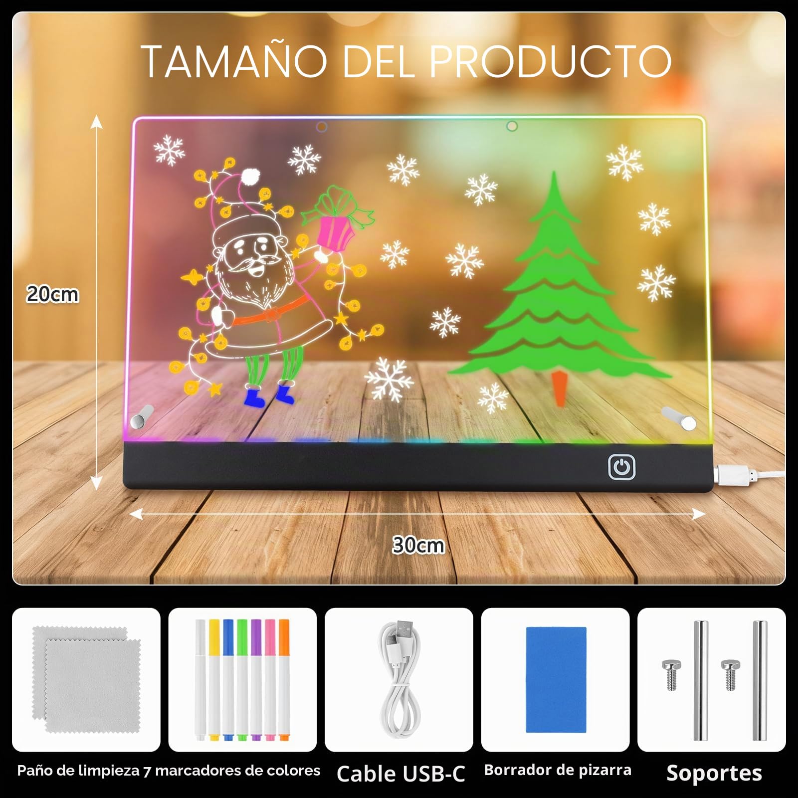 Pizarra LED Acrílica Borrable 32x21cm con 7 Bolígrafos Neón Tablero de Notas LED Iluminado con Soporte de Metal Regalo Creativo para Casa Oficina Niños