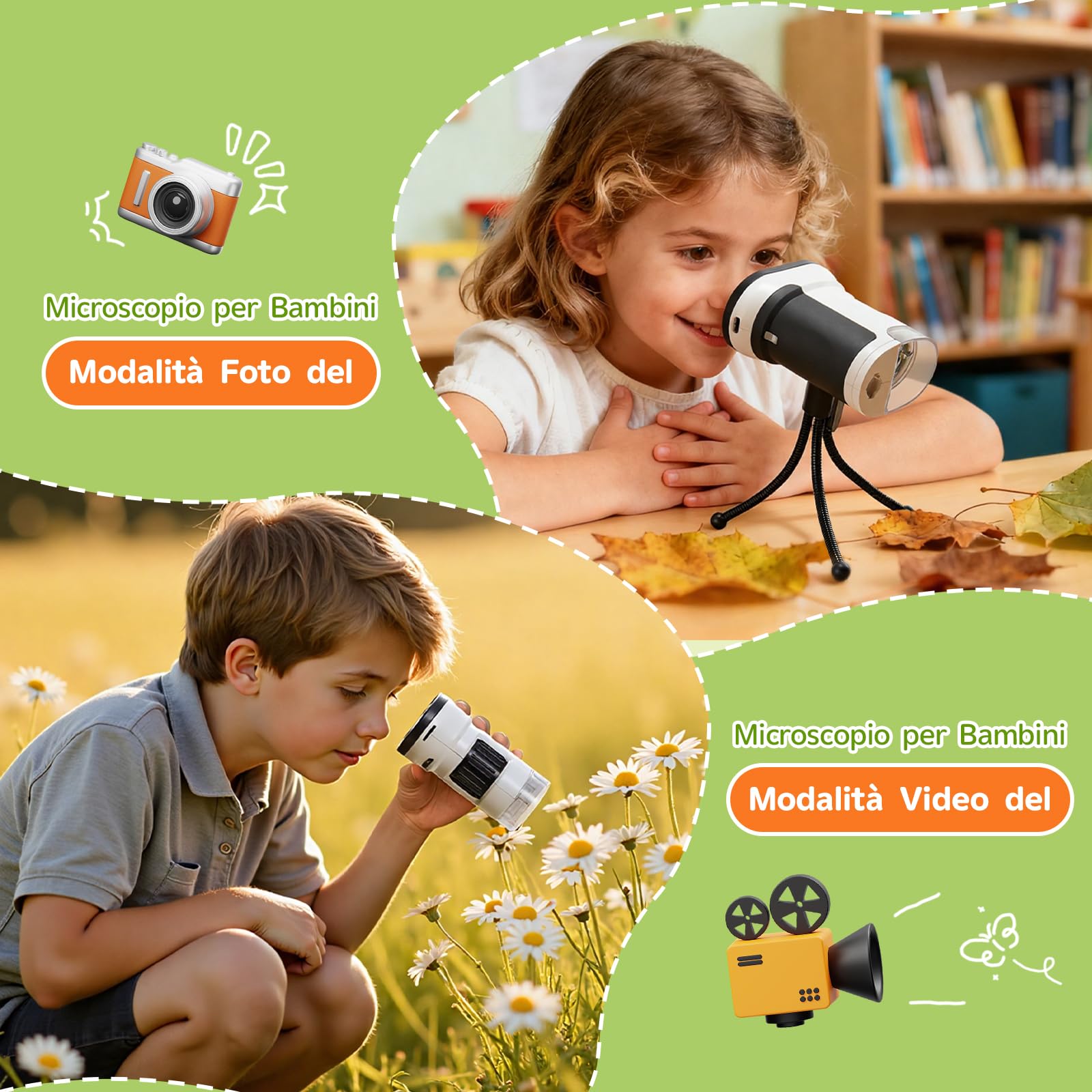 200x-1000x Microscopio Bambini, IPS 2.0"Microscopio Portatile, Con Treppiede Mini Scheda Micro SD da 16 GB, Regalo 4-12 Anni Bambino Bambina