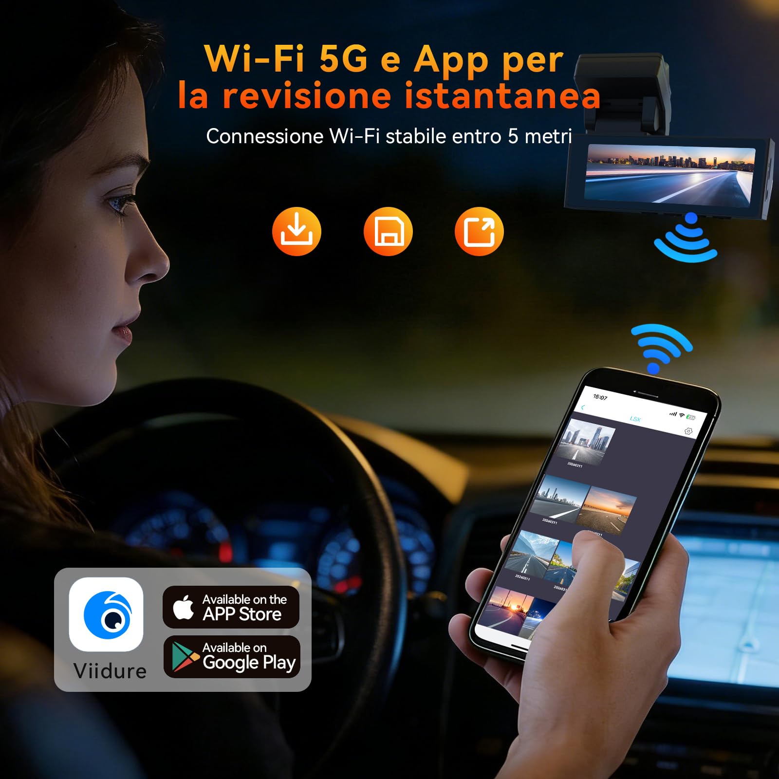 Dash Cam Auto 4K+2K – Dashcam WiFi 5GHz con Scheda 64GB, Telecamera per Auto Fronte Retro, Grandangolo 170°+120°, Visione Notturna WDR, Sensor G, Registrazione in Loop, Parcheggio 24h