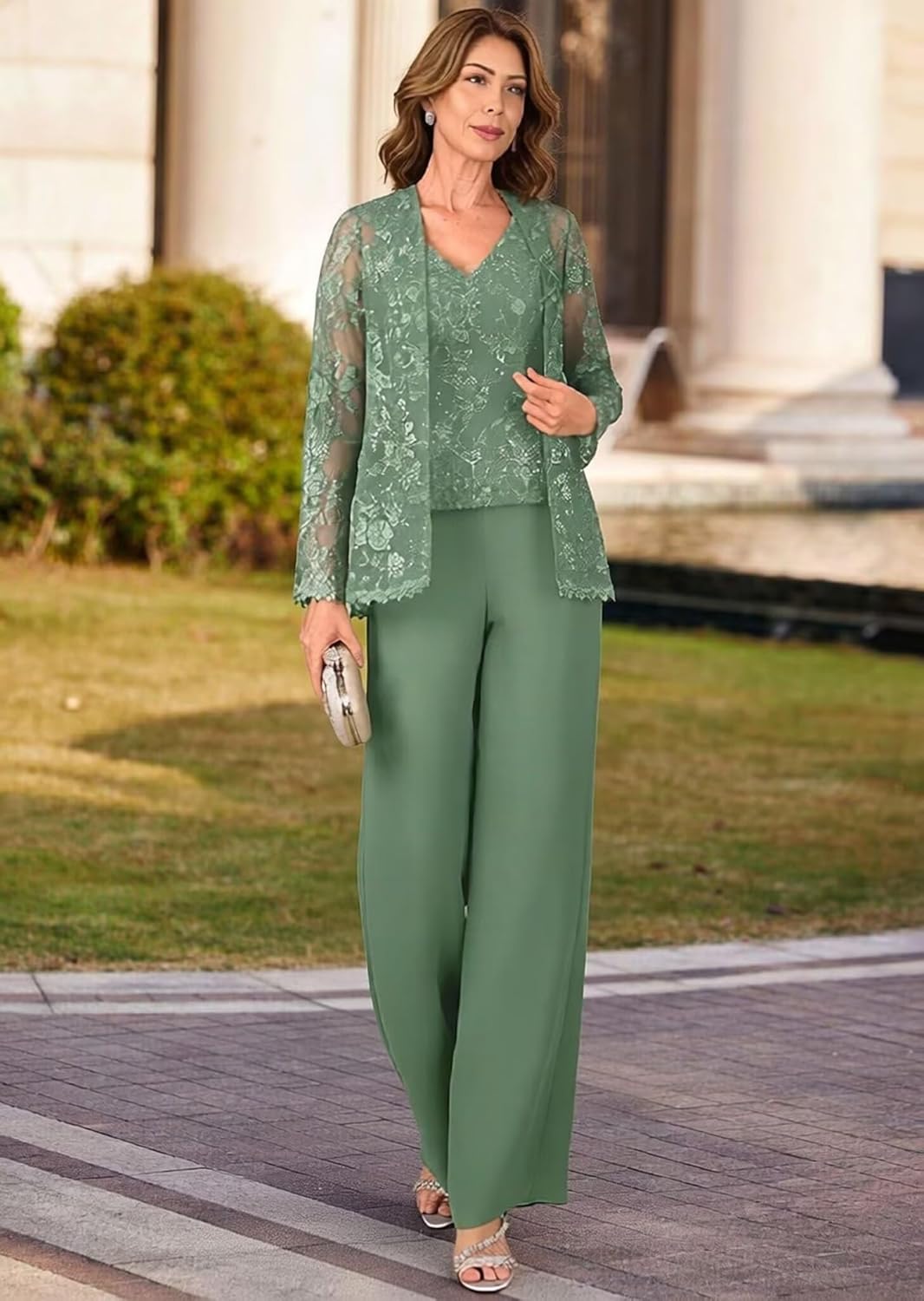 3PC Lace Mother of The Bride Pant Suits Long Sleeve Wedding Guest Pants Suit Formal Pantsuits for Women Dressy