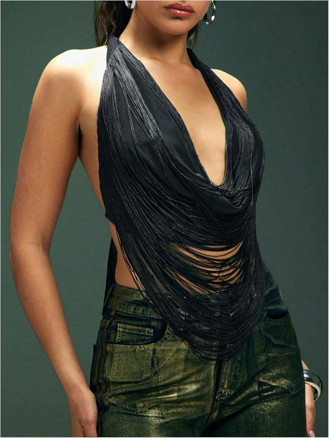 MakeMeChic Women's Fringe Draped Halter Top Sleeveless Tie Backless Summer Y2K Crop Tops - Image 2