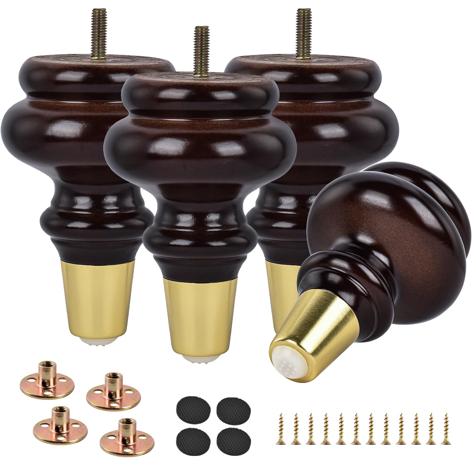 TCHOSUZ 6 inch / 15cm Wooden Furniture Legs, Pack of 4 Walnut Solid Wood Turned DIY Replacement Bun Feet with M8 Hanger Bolts & T-Nuts or Sofa Couch Cabinet Recliner Ottoman Riser โ image 1