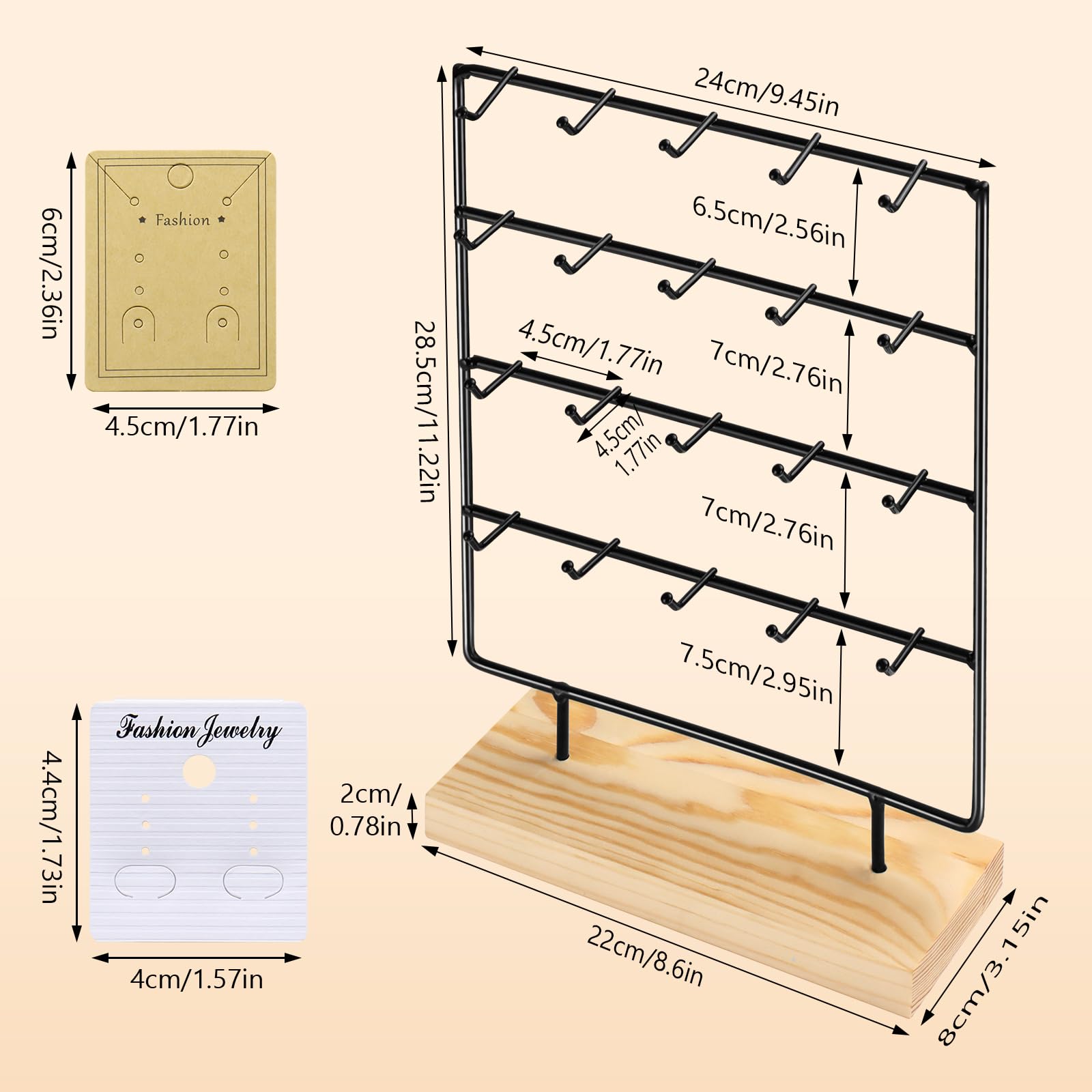 RNTBWD Earring Display Stand for Selling 4 Tier 20 Hooks Wood Earring Display Rack Holder for earings necklaces rings bracelets keychains (Black)