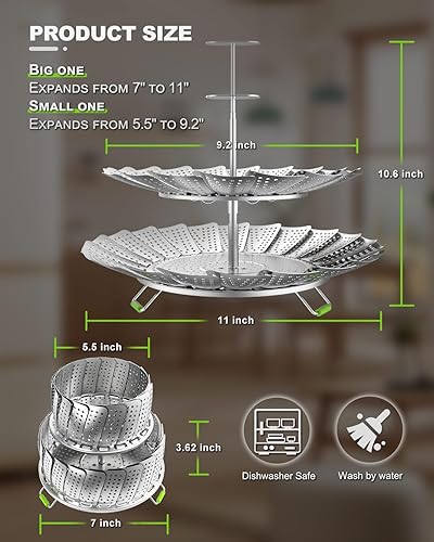Miniatura 7 de Cesta de vapor de doble capa para cocinar, vaporizadores de verduras de acero inoxidable 2 en 1 de gran capacidad, expandible de 5.4 a 11 pulgadas,