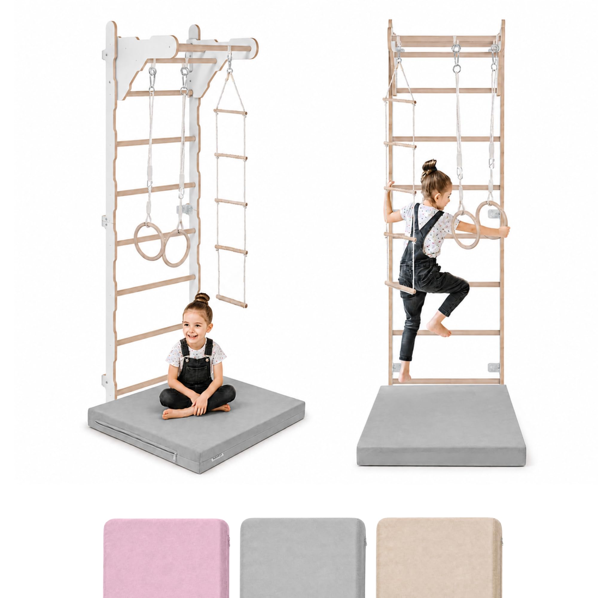 Espalier de Gymnastique pour Enfants (210 cm), échelle en Bois Murale, Anneaux de Gymnastique, Tapis de Protection, Corde d'escalade, 100% écologique, fabriquée dans l'UE