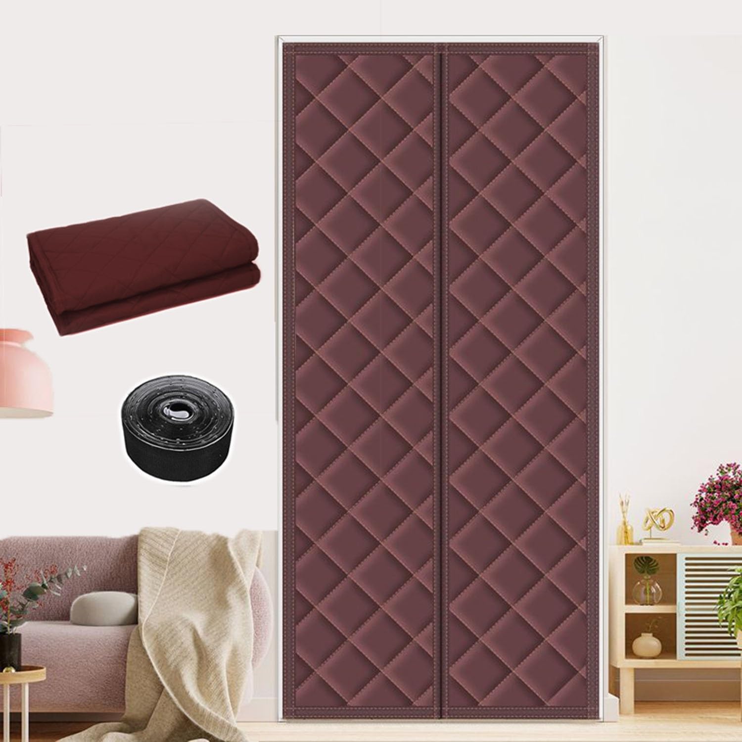 Rideau de porte isolant thermique magnétique en noyer, rideau occultant épais de 160x230cm