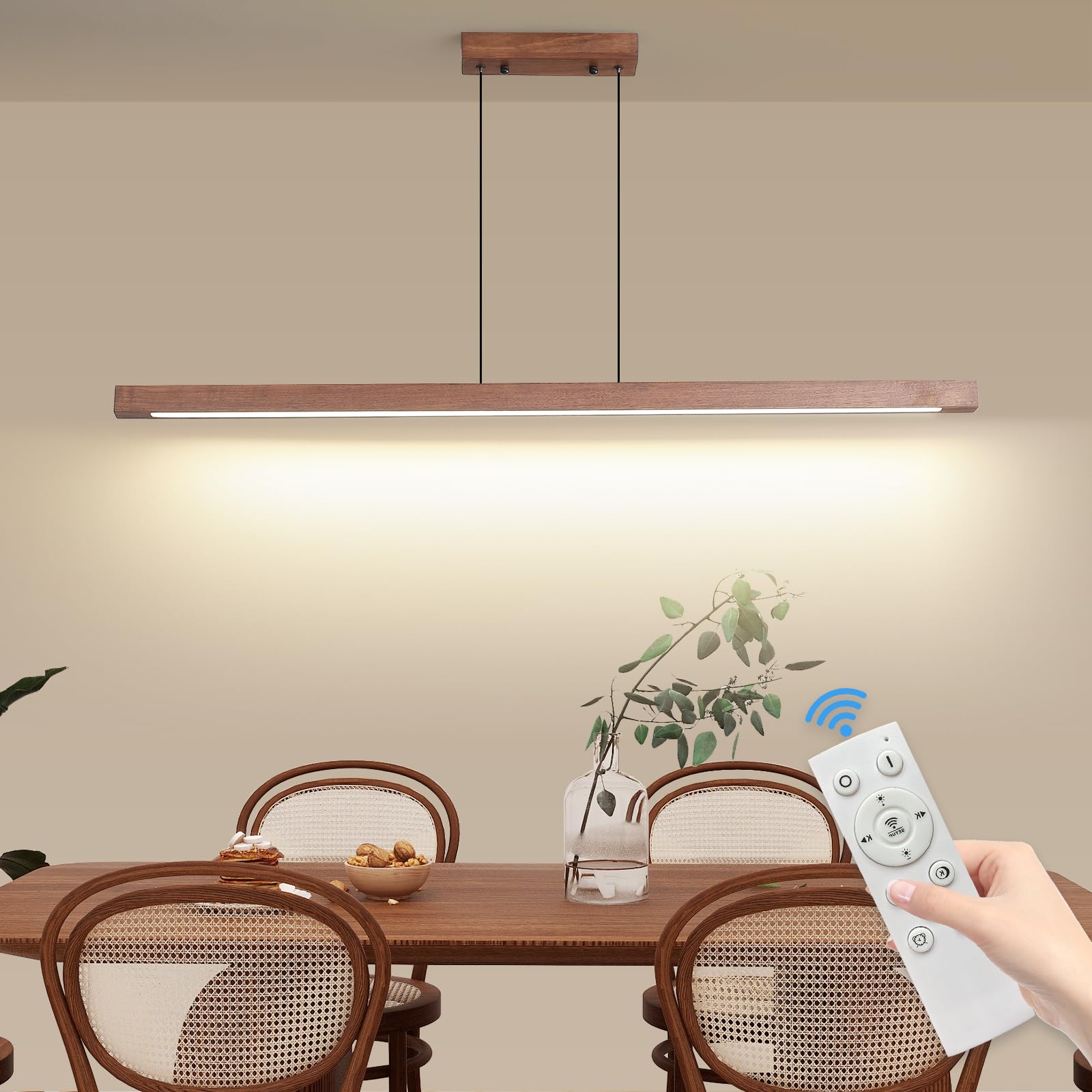 SHINELUX Dimmable Wood Linear Pendant Light with Remote Control 3000k 4500k 6500k for Living Room, Dining Room, Kitchen