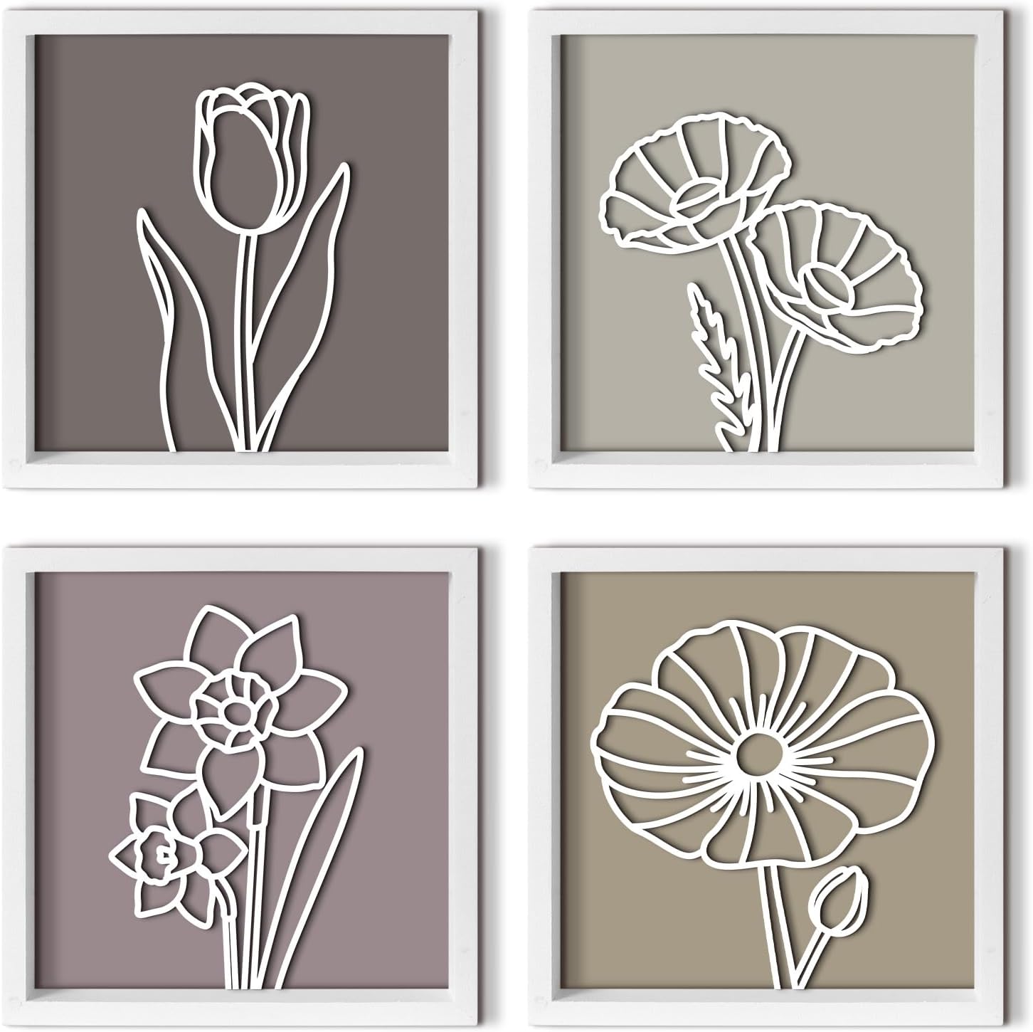 Pigort Wooden Floral Farmhouse Wall Decor – Set of 4 White Framed Wall Art, 12x12 Inches, Premium Boho Botanical Decor for Living Room, Bedroom, or Office (B)