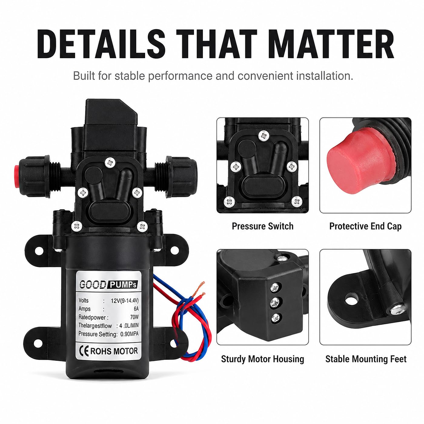 Pompe À Membrane 12V, Pompes À Eau Membrane Haute Pression DC12V 70W Pompe Pulvérisatrice Électrique Auto-Amorçante 6L/Min 0.9Mpa 131Psi, pour Caravane Camping-Car Marin Jardin de Bateaux