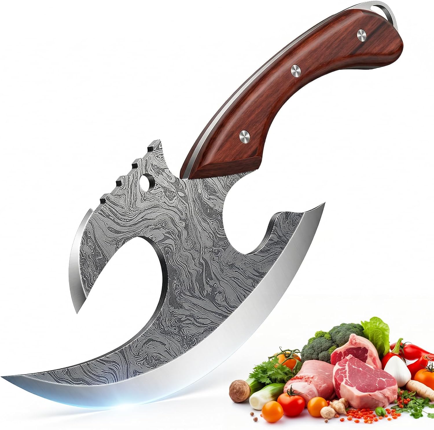 ZENG Viking Meat Cleaver Knife, Butcher Knife Meat Cleaver with Unique Wave Pattern, Hand Forged Chinese Kitchen Axe with Ergonomic Non-Slip Handle, Gifts for Men & Husband
