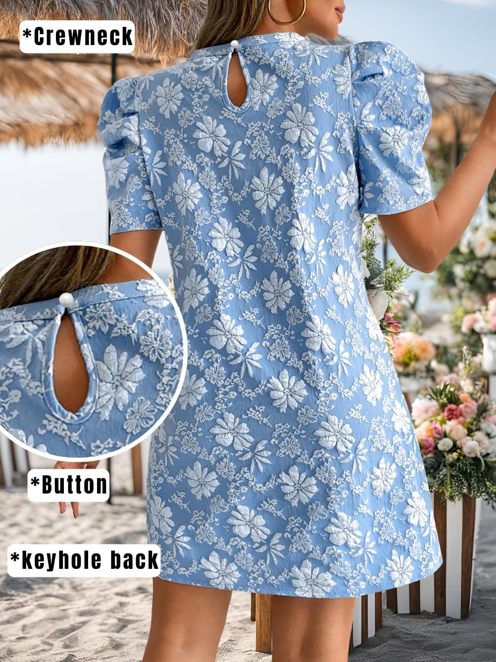 Women's Elegant Floral Jacquard Dress, Puff Sleeve Lightweight Shift Mini Dresses for Summer Casual - Image 4