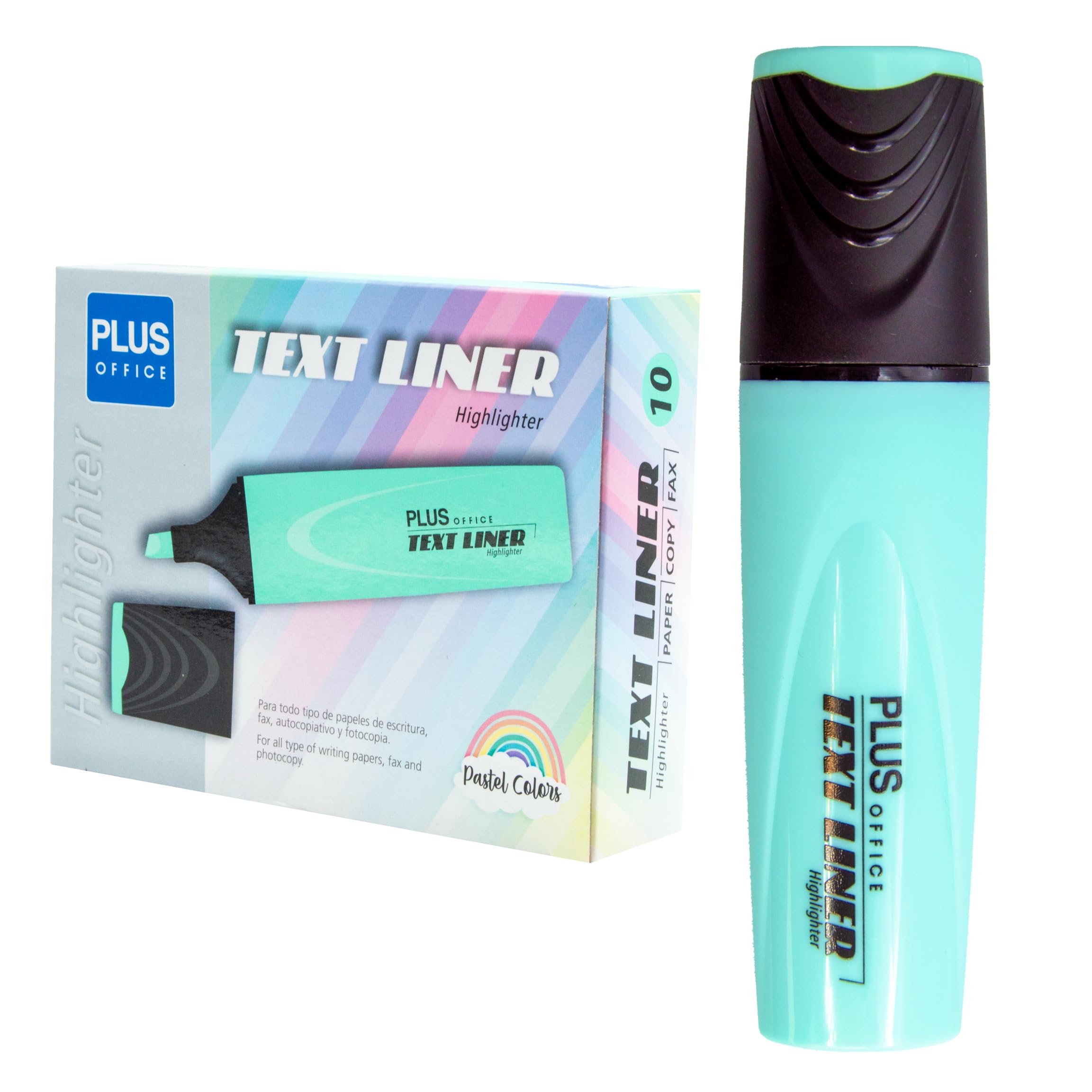 Plus Office Pastel Highlighters, Marker Pen with Beveled Tip, Pack of 10 Water-Based Phosphorescent Markers, Pastel Colour (Blue)