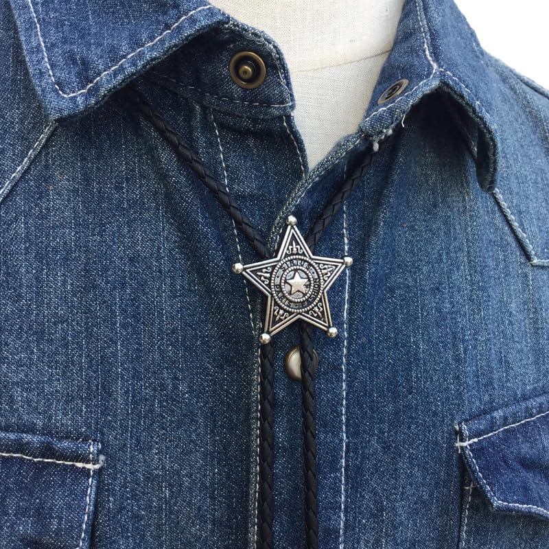 Western Sheriff Star Bolo Tie for Men, Five-Pointed Badge, Brass Tone Cowboy Faux Leather Cord Necktie Accessory
