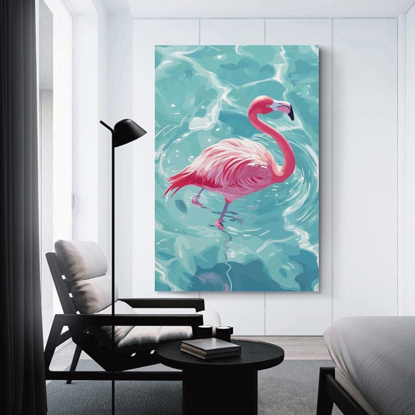 Junmoney Pink Flamingo in Blue Water Wall Picture Print, 20x30inch(50x75cm), for New Home Styling, Lounge Or Bedroom, Home Artwork for Modern Interiors