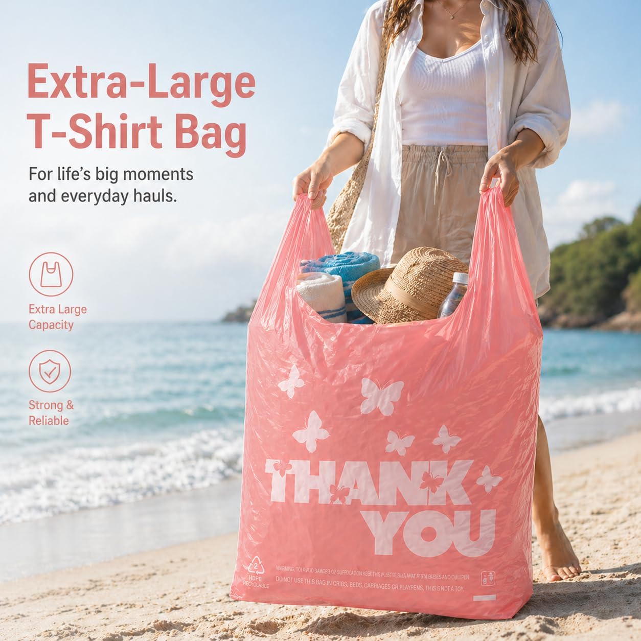 YoYoRain Oversized Thank You Plastic Bags with Handles – 50 Pack, 20x10x36, 20 Microns Thick, Heavy Duty Pink T-Shirt Bags for Retail & Grocery Use image 4