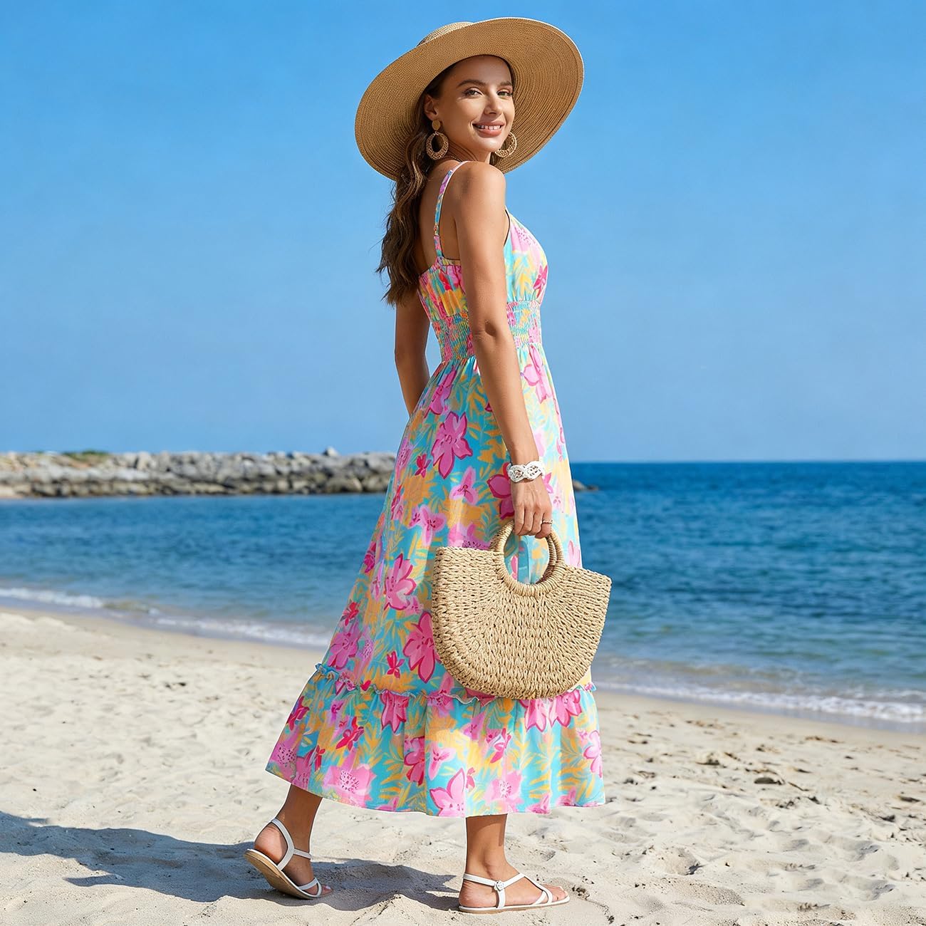 GRACE KARIN Mommy and Me Floral Smocked Dress,Spaghetti Strap Boho Dress,Summer Maxi Dress with Pockets