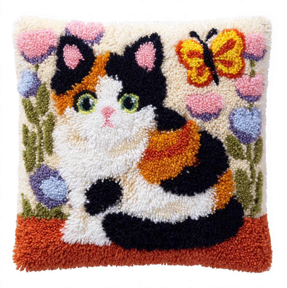 Taxpy Latch Hook Pillow Case Kit for Adults - Calico Cat and Butterfly DIY Cushion Cover Cross Stitch Embroidery 17X17Inch/43X43Cm - Home Decor