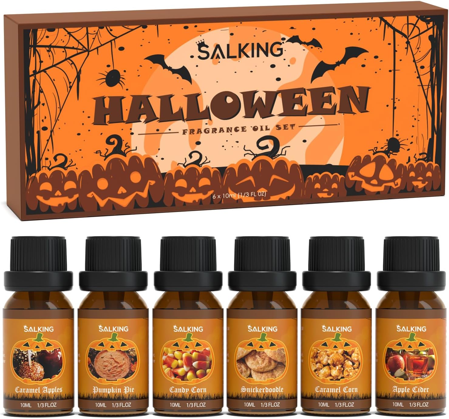 SALKING Halloween Fragrance Oils, Premium Essential Oils for Diffuser, Scented Oils Gift Set for Soap Candle Making - Pumpkin Pie,Caramel Apples,Candy Corn, Snickerdoodle, Caramel Corn, Apple Cider