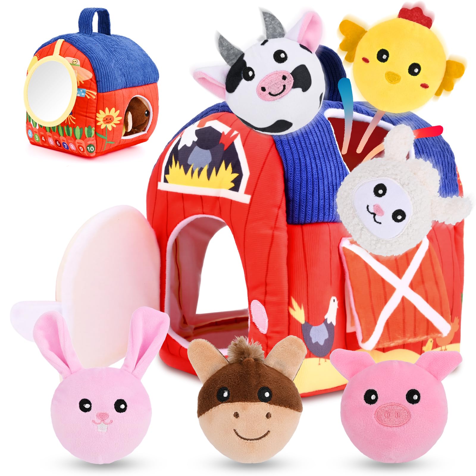 Montessori Toys Babies 6-12 Months, Soft Plush Farm Animal Set, Montessori Toys for Babies with Rattles, Wrinkles, Mirror, Learning Game for Babies 3 6 12 Months