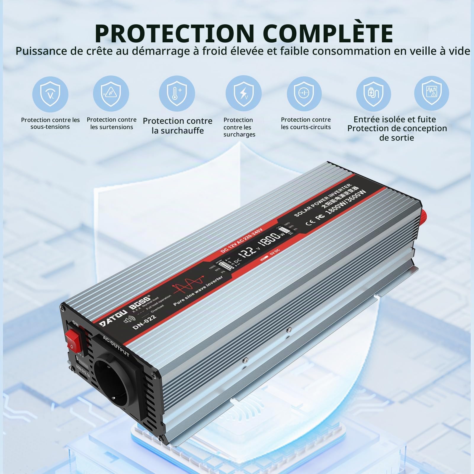 DATOUBOSS Convertisseur 12v 220v Pur Sinus 1800W Onduleur, Transformateur de Tension avec Prise EU de Courant Alternatif, Port USB Et écran LCD, pour Appareils Ménagers Voiture Caravane Camping Voyage