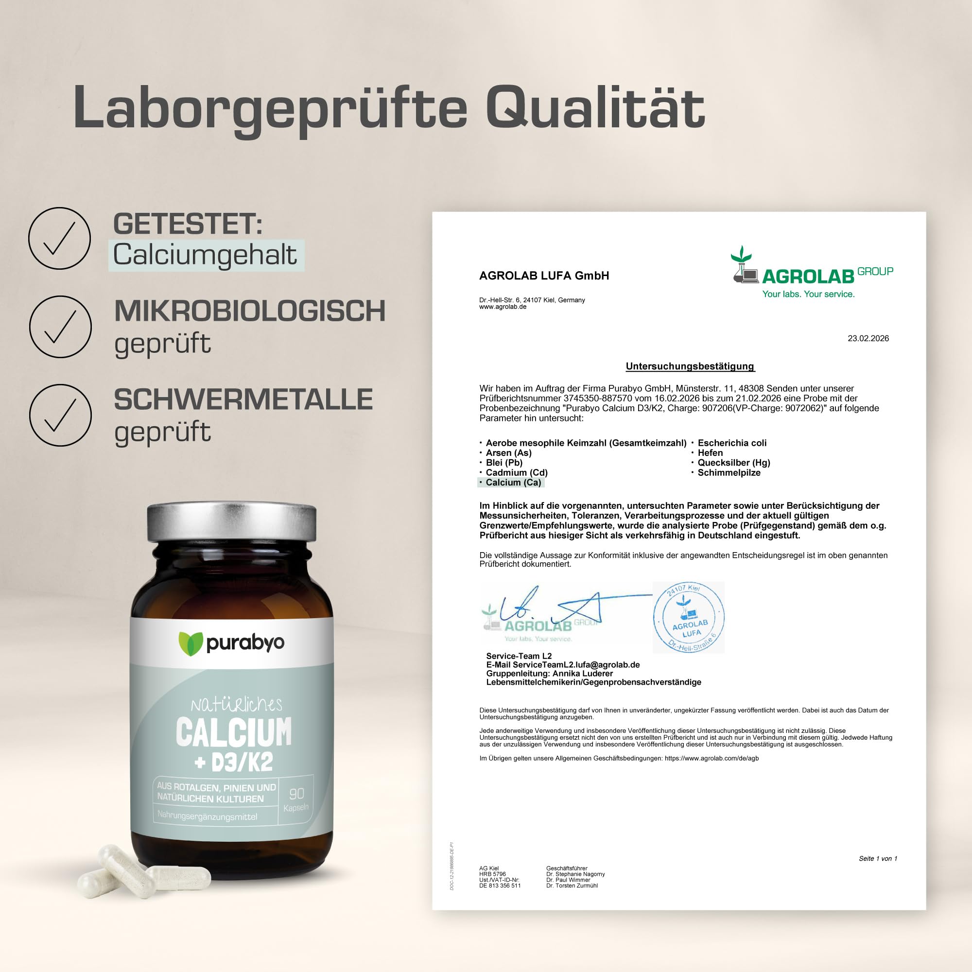 Purabyo Calcium mit Vitamin D3/K2 | im Glas | Hochdosiert 640 mg | Aquamin natural Calcium aus Rotalgen | natürliches Kalzium | Calcium hochdosiert | vegan, laborgeprüft und in Deutschland hergestellt