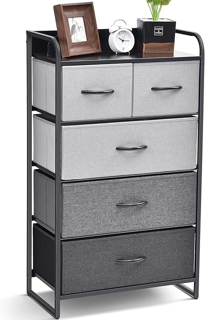 KINGRACK Chest of Drawers, 5 Fabric Storage Drawers, Tall Dresser with Wood Top, Sturdy Steel Frame & Easy Pull Handle, Large Fabric Drawer Storage Sideboard for Bedroom, Living Room, Hallway, Grey