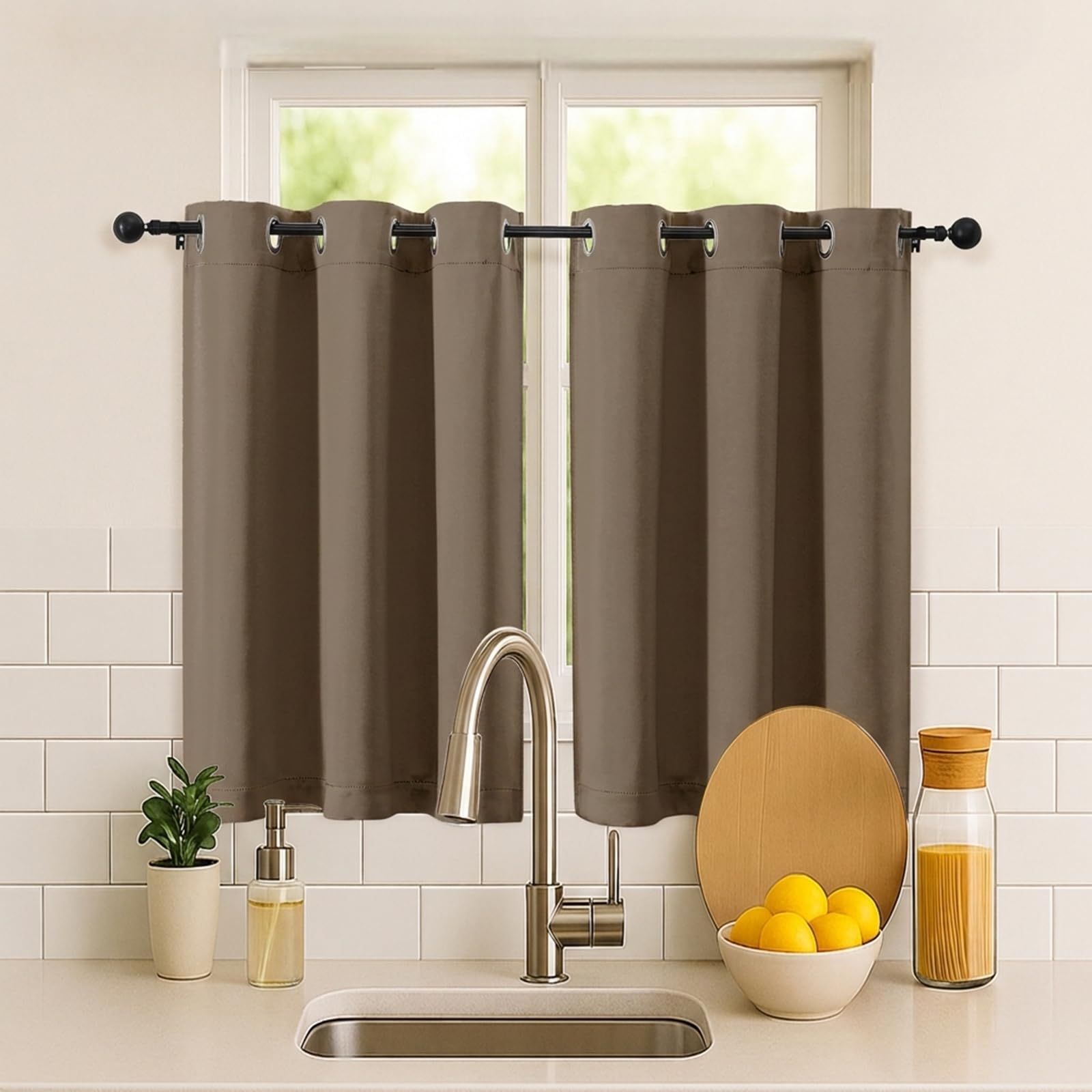 Simplebrand Brown Short Cafe Curtains 36 Inch Length 2 Panels Set, Half Window Grommet Privacy Drape Tiers for Kitchen, Thermal Insulated Room Darkening Curtains for Bathroom Shades, W40 x L36