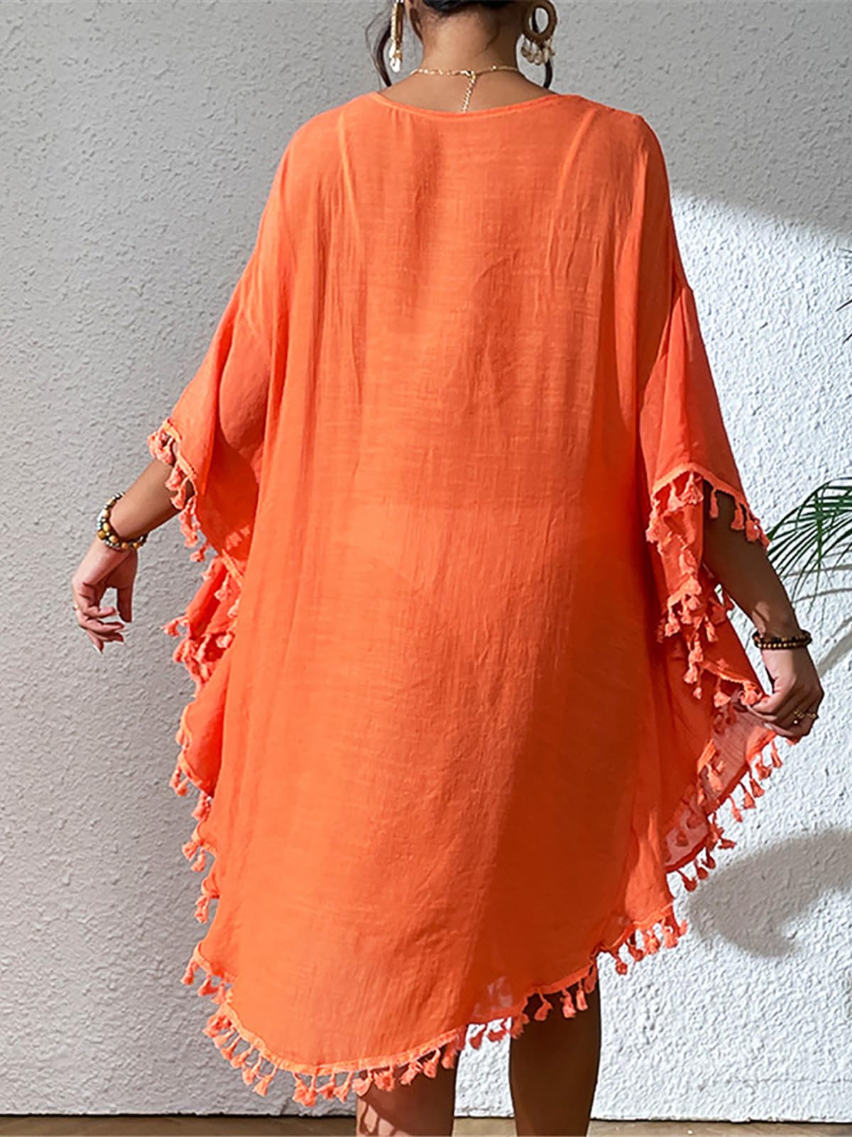Strandkleid Fringe Tassel Embroidery Half Sleeve Tunic Beach Cover Up Cover-ups Long Beach Dress Beach Wear Beachwear Female Women Strandkleider(Orange)