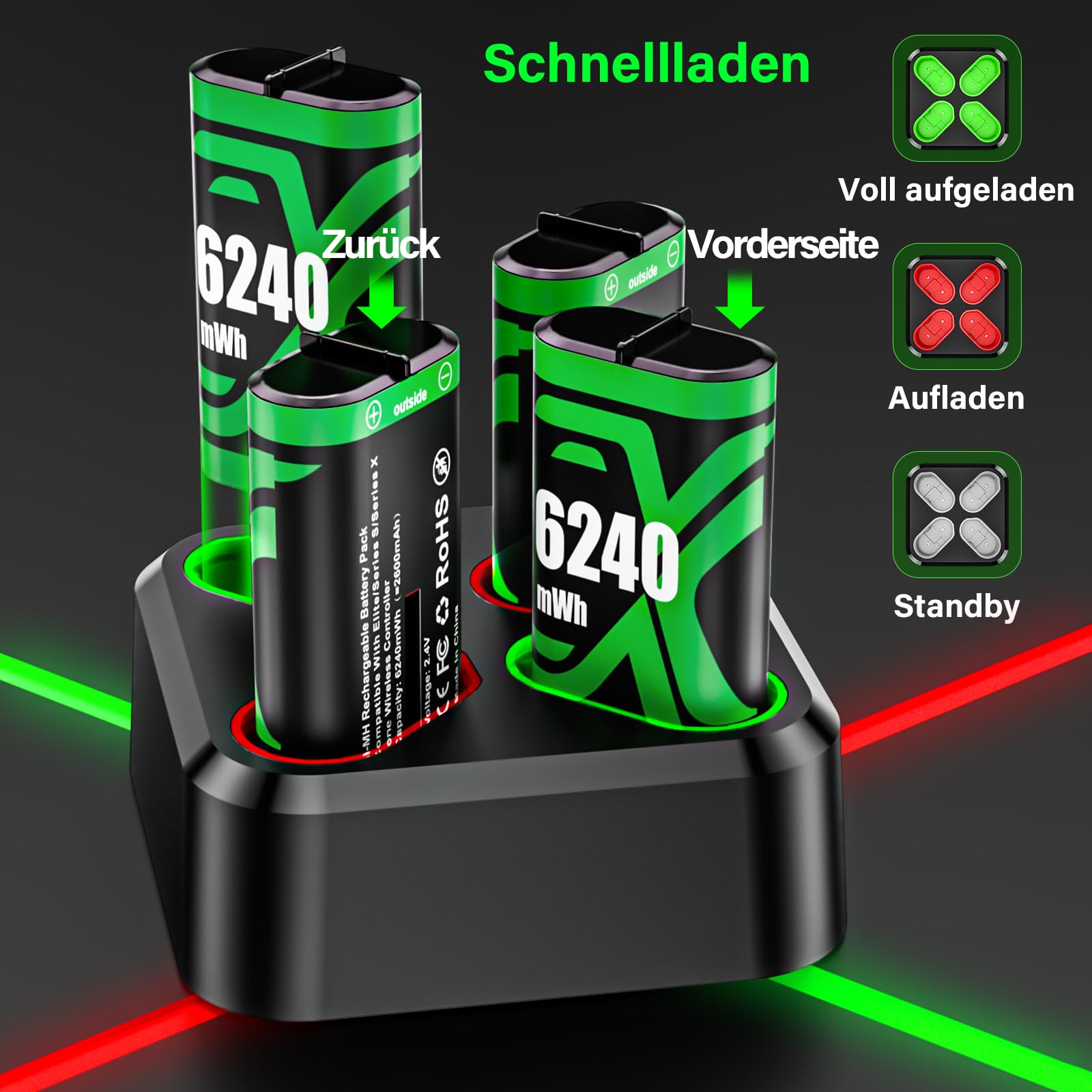 ZRZLMVP Xbox-Controller-Akku, 4 x 6240mWh Akku für Xbox One/One S/One X/One Elite/Xbox Series X|S Controller, Xbox Akku Pack mit Ladestation Zubehör- Wiederaufladbar, 3.5 Std Schnelllade, 4er-Pack