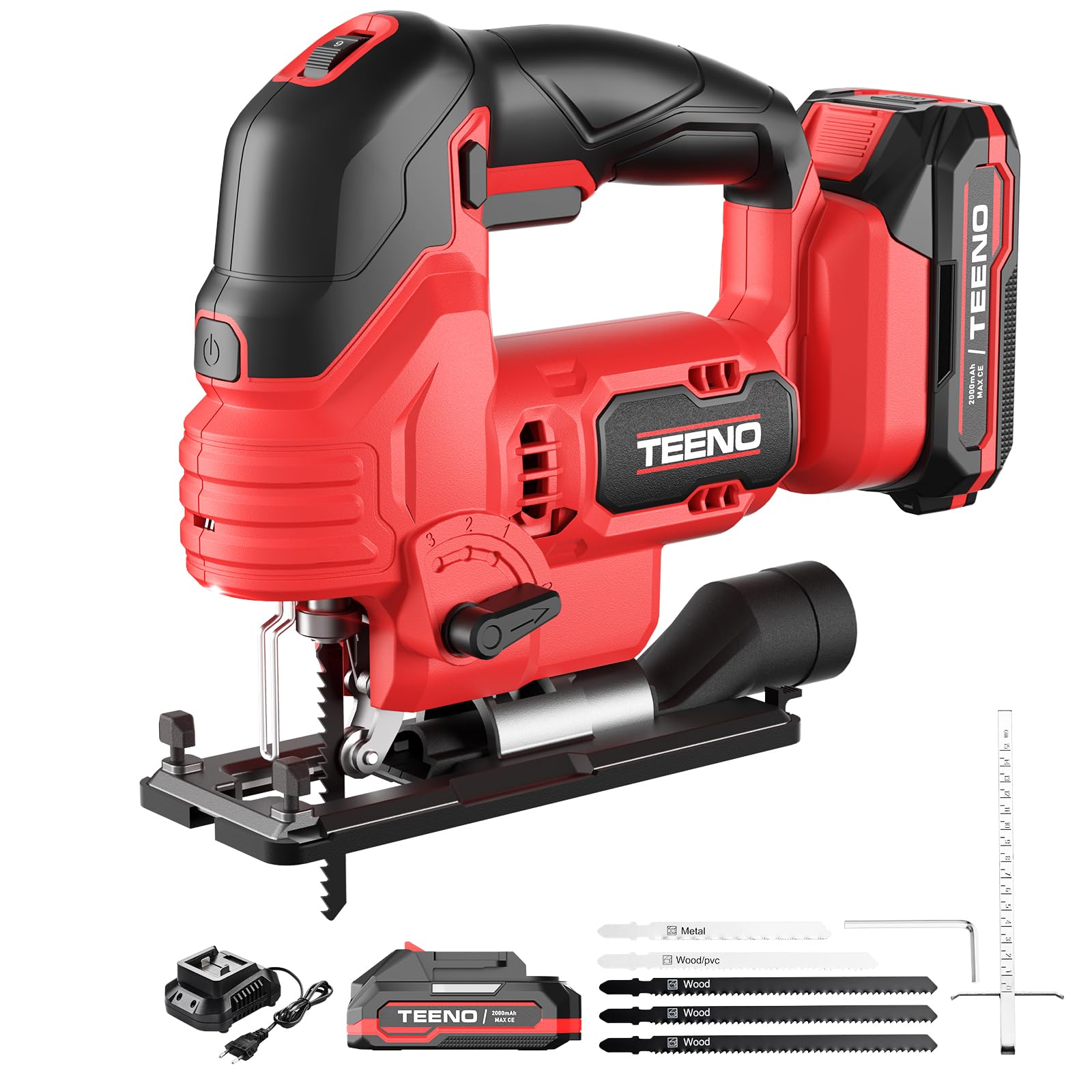 TEENO Cordless Jig Saw with 20V 2.0Ah Lithium-Ion Battery, 800-3000 SPM Electric Jigsaw Tool with 5 Blades, Variable Speed,Tilt ± 45°, 6 speeds, LED, Wood, Plastic, Metal Cutting (Two Batteries)