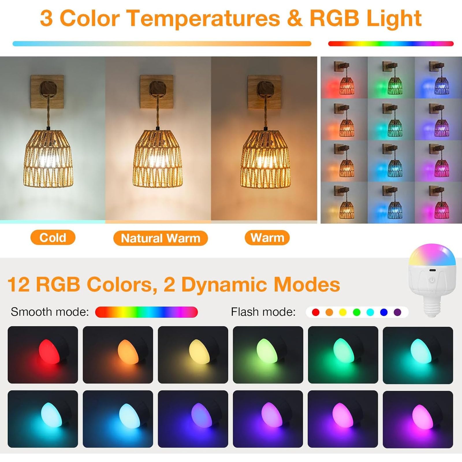 Applique da parete in rattan ricaricabili a batteria, set di 2 applique boho, lampade da parete per camere da letto, applique da interno con lampadina a controllo remoto (Dimensioni: 2 pezzi, Colore: