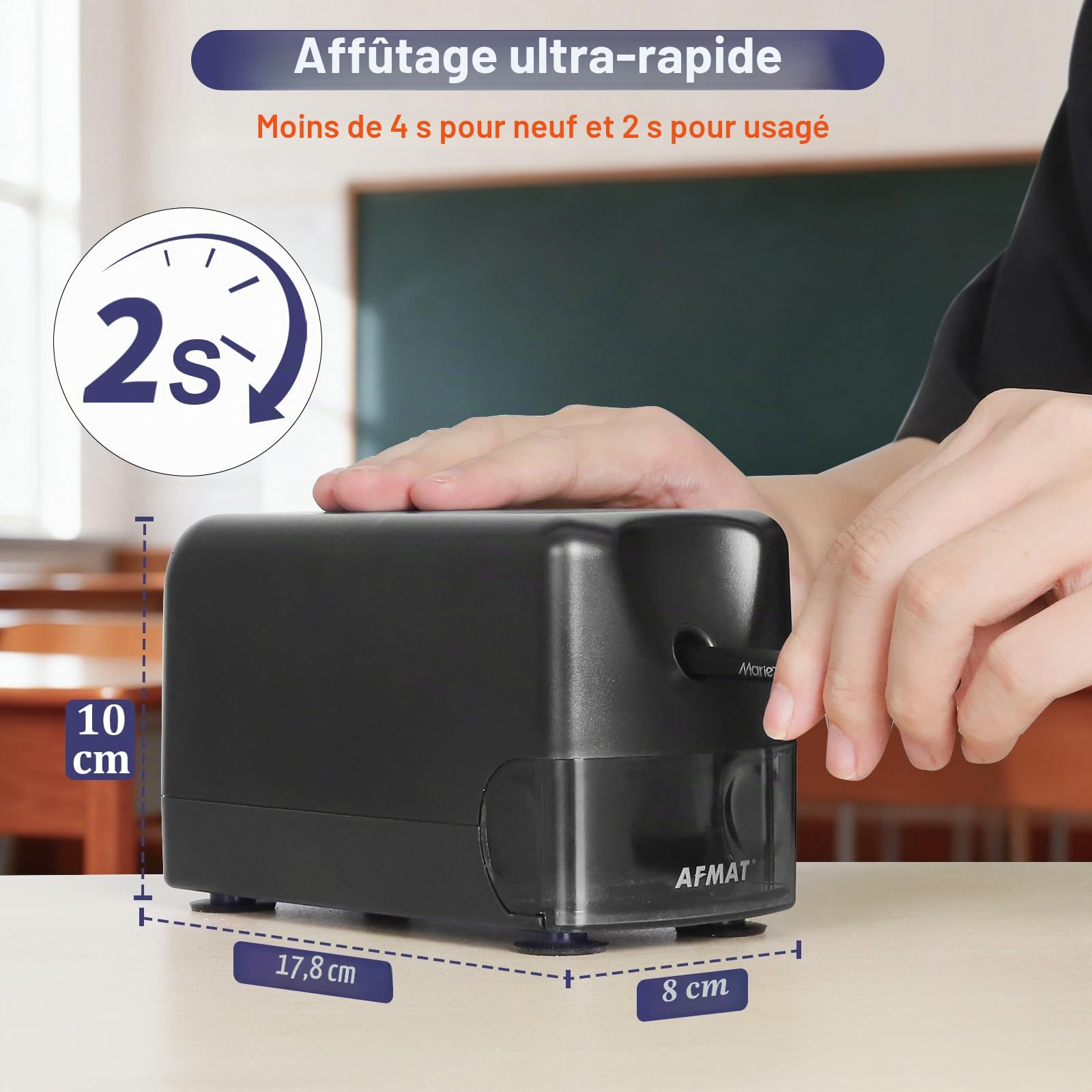 AFMAT Taille-crayon électrique automatique, arrêt automatique, rechargeable, avec récipient pour crayons de 6 à 11 mm, pointe rapide en 2 s, 10 000 opérations, noir PSD3